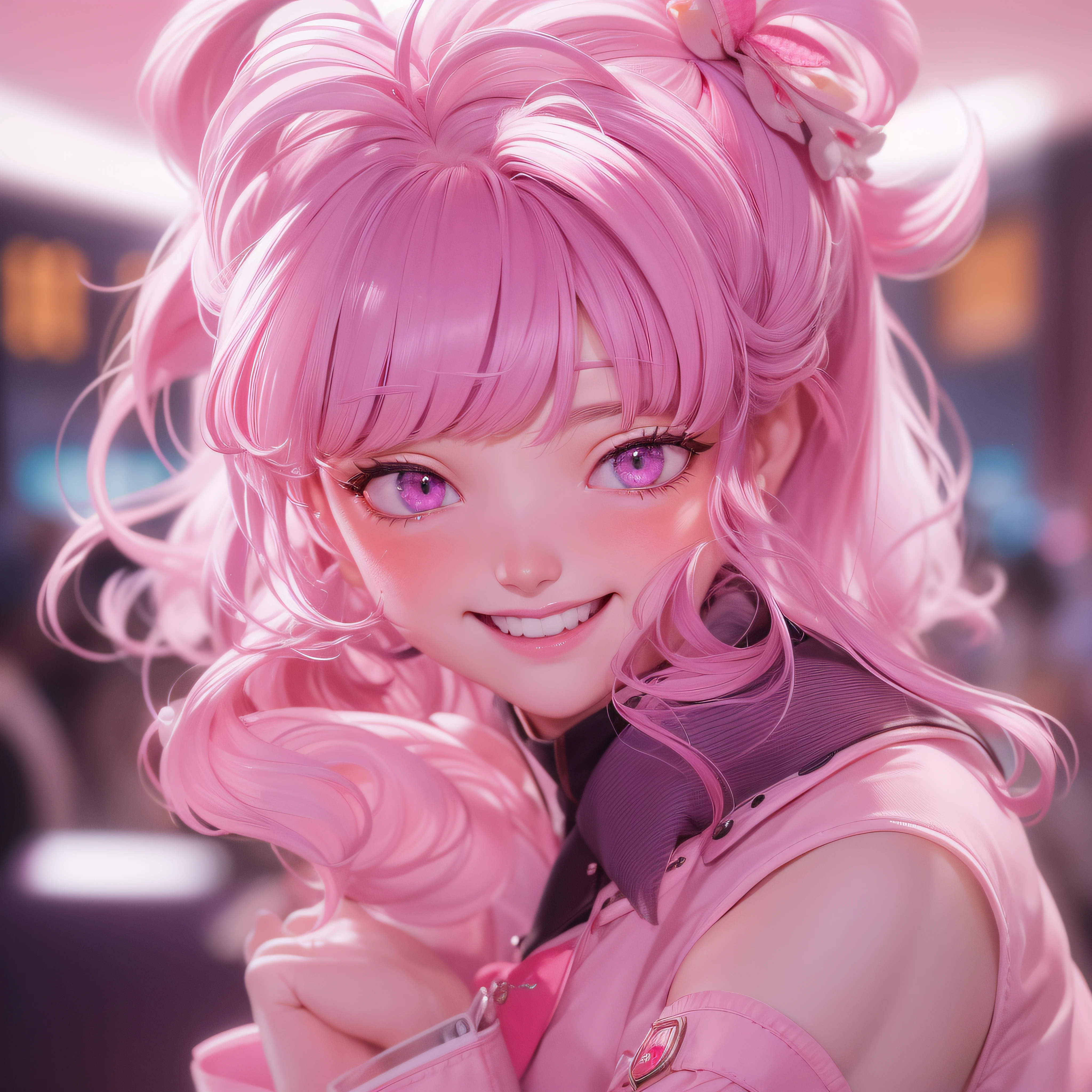ulzzang-6500-v1.1,(raw photo:1.2),((photorealistic:1.4)),best quality,masterpiece, illustration, an extremely decision and beautiful, extremely detailed,CG,unity,8k wallpaper, amazing, fineness detail , official art, very detailed CG unified 8k wallpaper, ridiculous, incredibly ridiculous, huge file size, super detailed, high resolution, beautiful detailed girl, very detailed eyes and face, beautiful detailed eyes, light on face, movie lights, ((very pink tights)), 1girl, full body, full body photo, looking at the audience, ((light pink hair)), red eyes, ((bliss), The best detailed background, (cosplay), (smile), double ponytail,