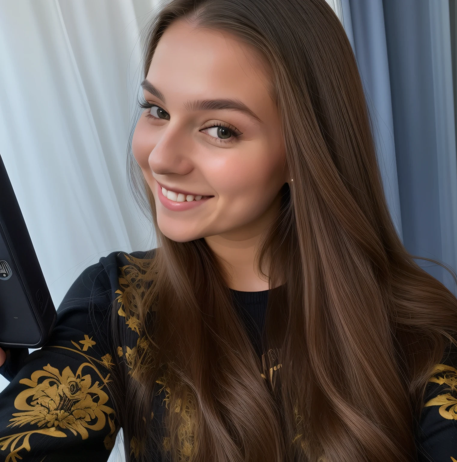 there is a woman with long hair smiling and holding a cell phone, photo of young woman, taken in 2 0 2 0, selfie of a young woman, smiling and looking directly, taken in the early 2020s, slightly smiling, headshot photo, aleksandra waliszewska, young woman in her 20s, very slightly smiling