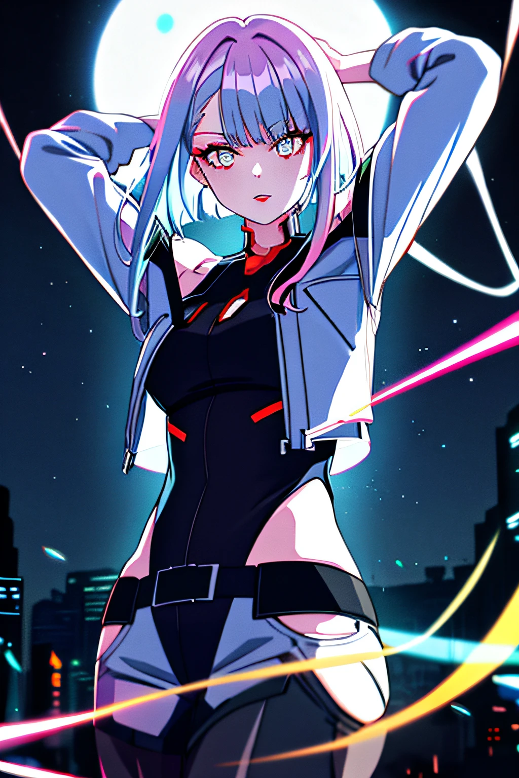 lucy \(cyberpunk\), 1girl, arm up, bangs, blue hair, colored tips, full moon, facing, grey eyes, jacket, long sleeves, looking at viewer, medium hair, moon, multicolored hair, parted bangs, parted lips, pink hair, portrait, red eyeliner, red lips, solo, white jacket, cyberpunk \(series\), cyberpunk edgerunners