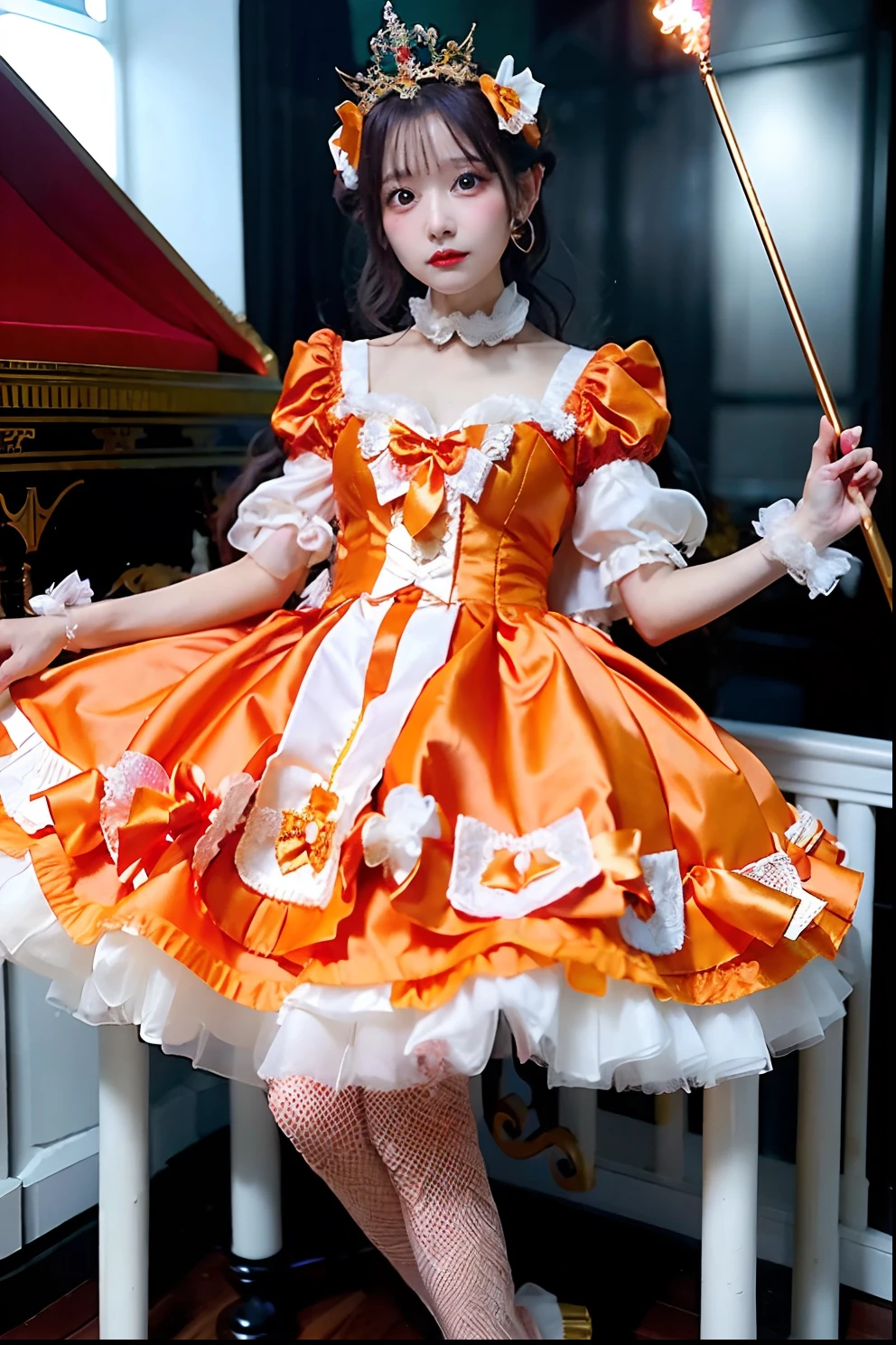 Orange satin dress with cane and crown alafe, fantasy dress, magical dress, dreamy style, very magical and dreamy, ****ta Fashion, ethereal fairy tale, fairycore, fantasy outfit, wearing fantasy formal clothing, angelic pretty, dreamy and detailed, ****ta style, fantasy style clothing, rococo dress, Fantasy aesthetics!, romantic dress