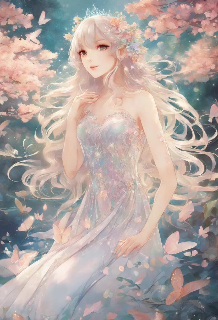 sparkling princess,fairy-like, ethereal,enchanted garden,beautiful detailed eyes, delicate complexion,silky flowing hair,flowing dress with intricate embroidery,graceful posture,magical light illuminating the scene,soft pastel colors, dreamy atmosphere