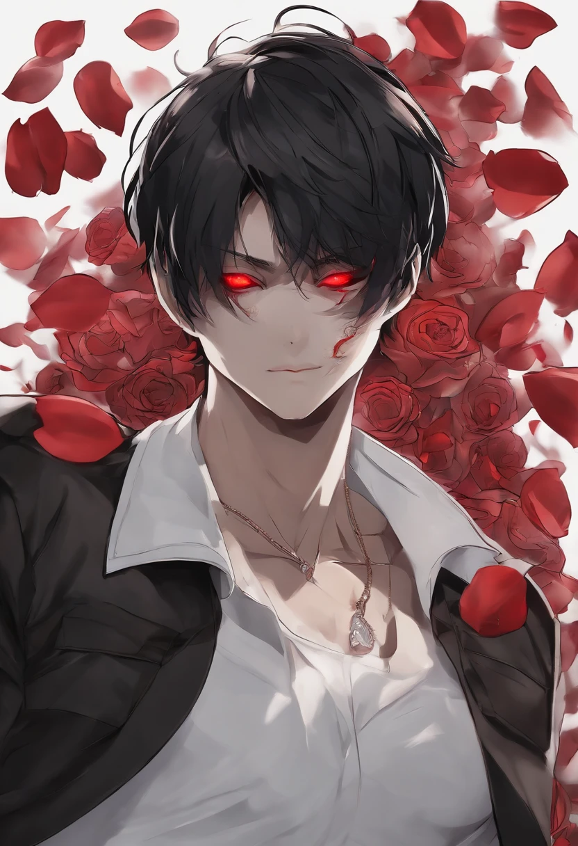 Character inspired by Kaneki Ken, Only 1 red eye, Neutral dark background, red and black hair, Detailed face and features, intense expressions, Distinctive mask, Mysterious aura, Fine line design, high contrast, monochromatic color scheme, dramatic lighting, Emotive and Dark Atmosphere, Intricate Tattoo on Arm, Wearing a Leather Jacket, Falling Red Rose Petals. (Best Quality, High), Ultra-Detailed, Realistic, Artist Conceptual, Vivid Colors, Chiaroscuro Lighting.