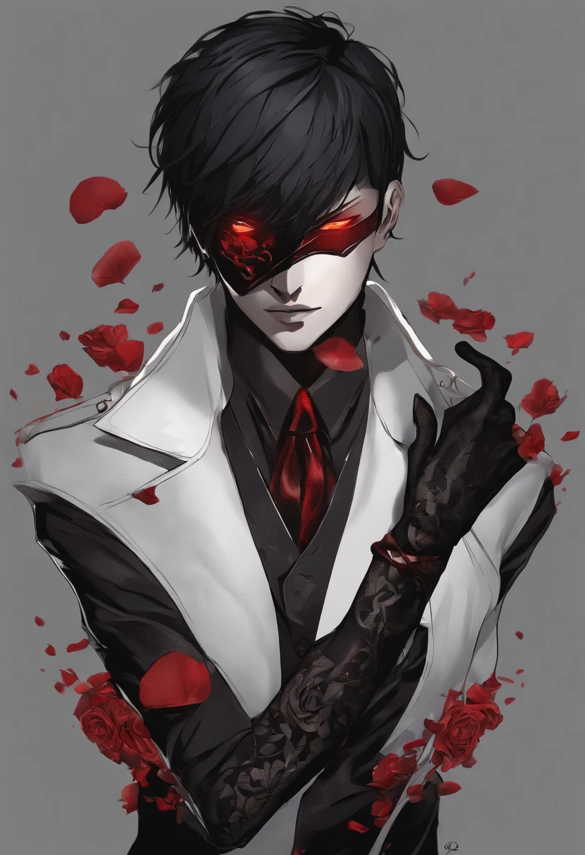 Character inspired by Kaneki Ken, Only 1 red eye, Neutral dark background, red and black hair, Detailed face and features, intense expressions, Distinctive mask, Mysterious aura, Fine line design, high contrast, monochromatic color scheme, dramatic lighting, Emotive and Dark Atmosphere, Intricate Tattoo on Arm, Wearing a Leather Jacket, Falling Red Rose Petals. (Best Quality, High), Ultra-Detailed, Realistic, Artist Conceptual, Vivid Colors, Chiaroscuro Lighting.