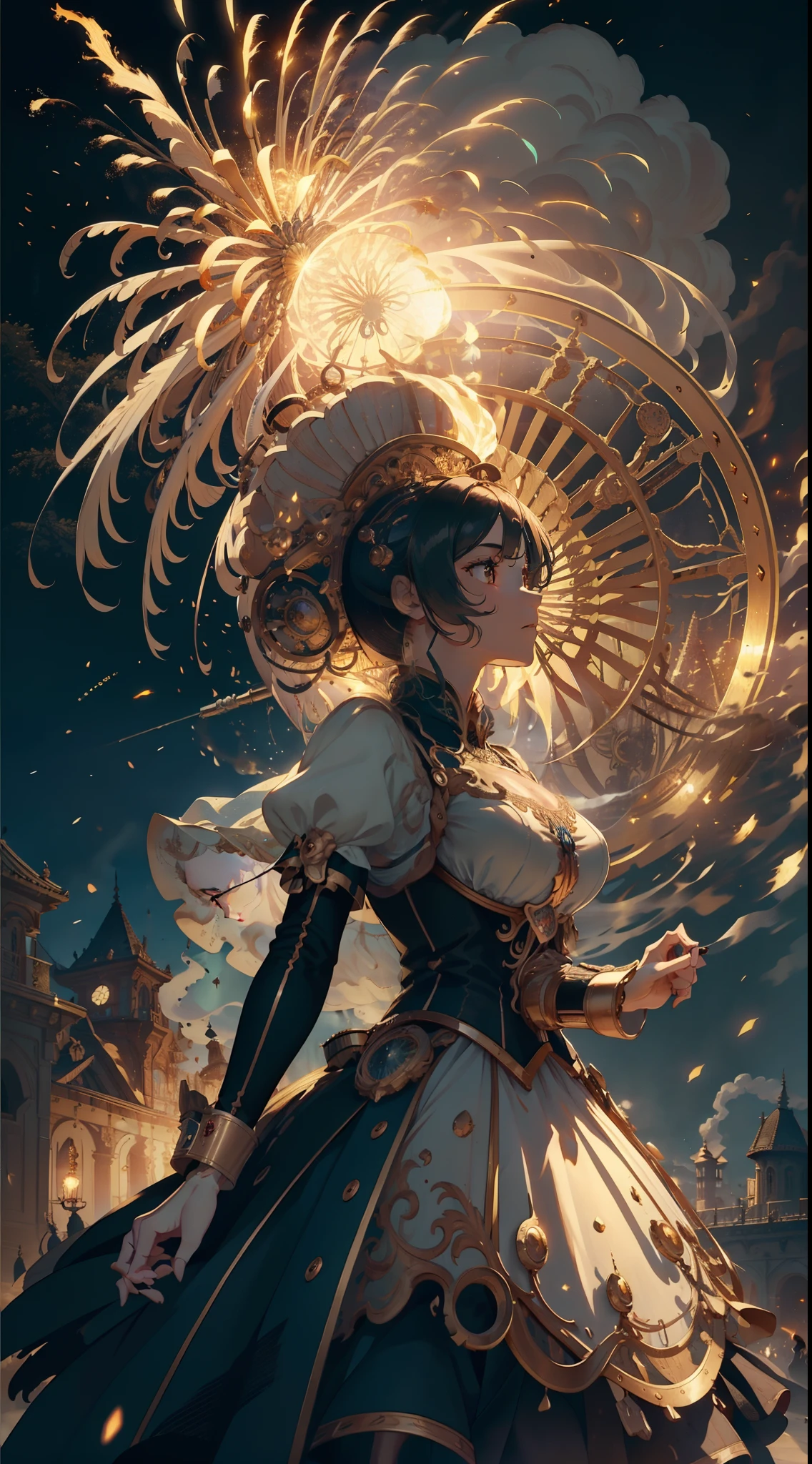 (Extremely detailed and realistic CG, Masterpiece, Best quality, Ultra-detailed), steampunc, the night,Fireworks explode overhead , Spectacular fireworks display. The fireworks are huge, (Best illumination, Best shadow, An extremely delicate and beautiful empress), Cinematic atmosphere, Gorgeous metalwork, gear wheel, Clockwork, Smoke, steams, period costume, Vibrant colors.