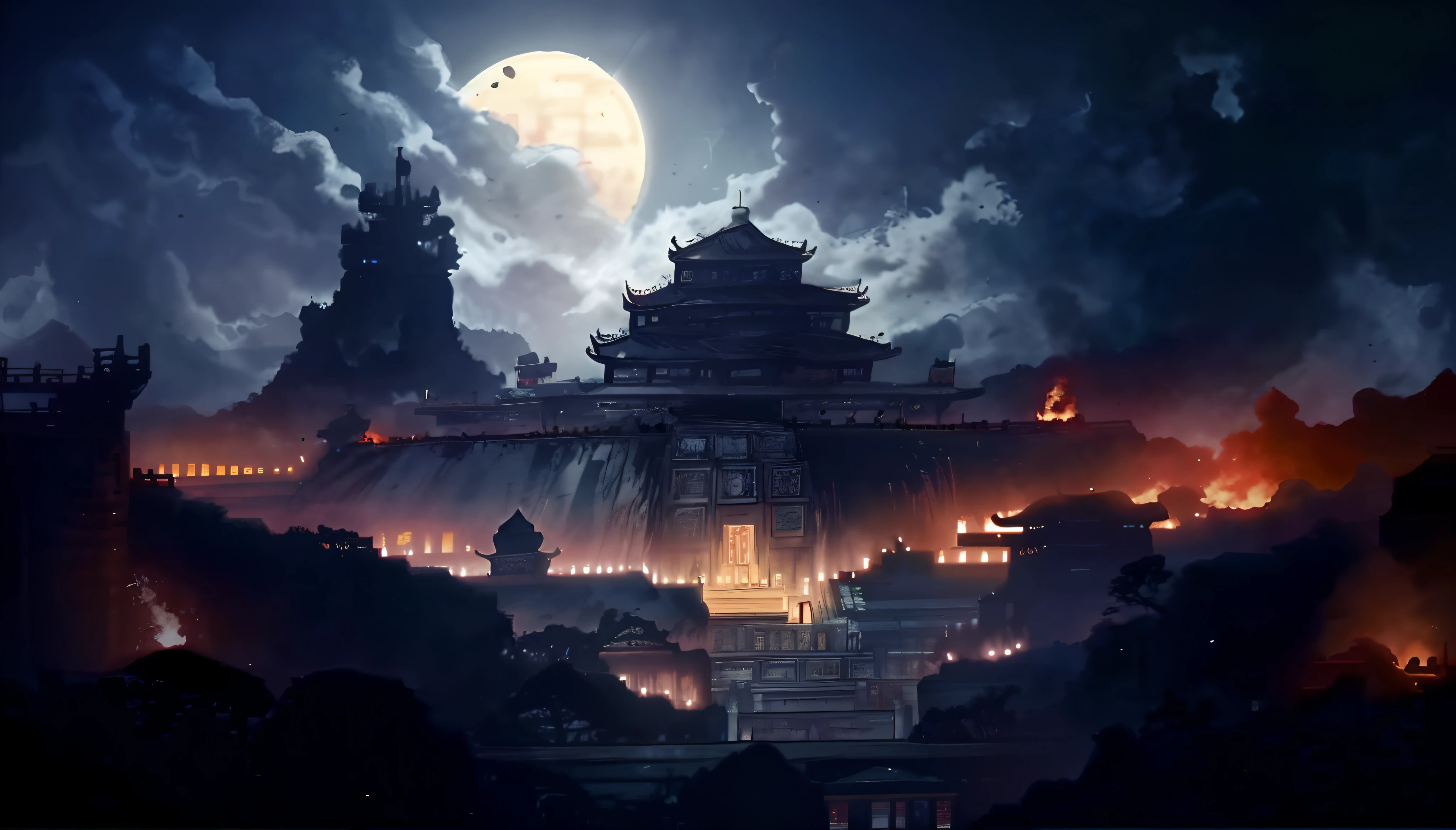 Close-up of buildings on fire in the background, cyberpunk chinese ancient castle, mysterious temple setting, Beautiful rendering of the Tang Dynasty, an ancient city on fire, glowing temple in distance, by Yang J, author：Qu Leilei, Temple background, ancient silver tower of the moon, a mystical temple, by Ni Yuanlu, author：Gong Xian