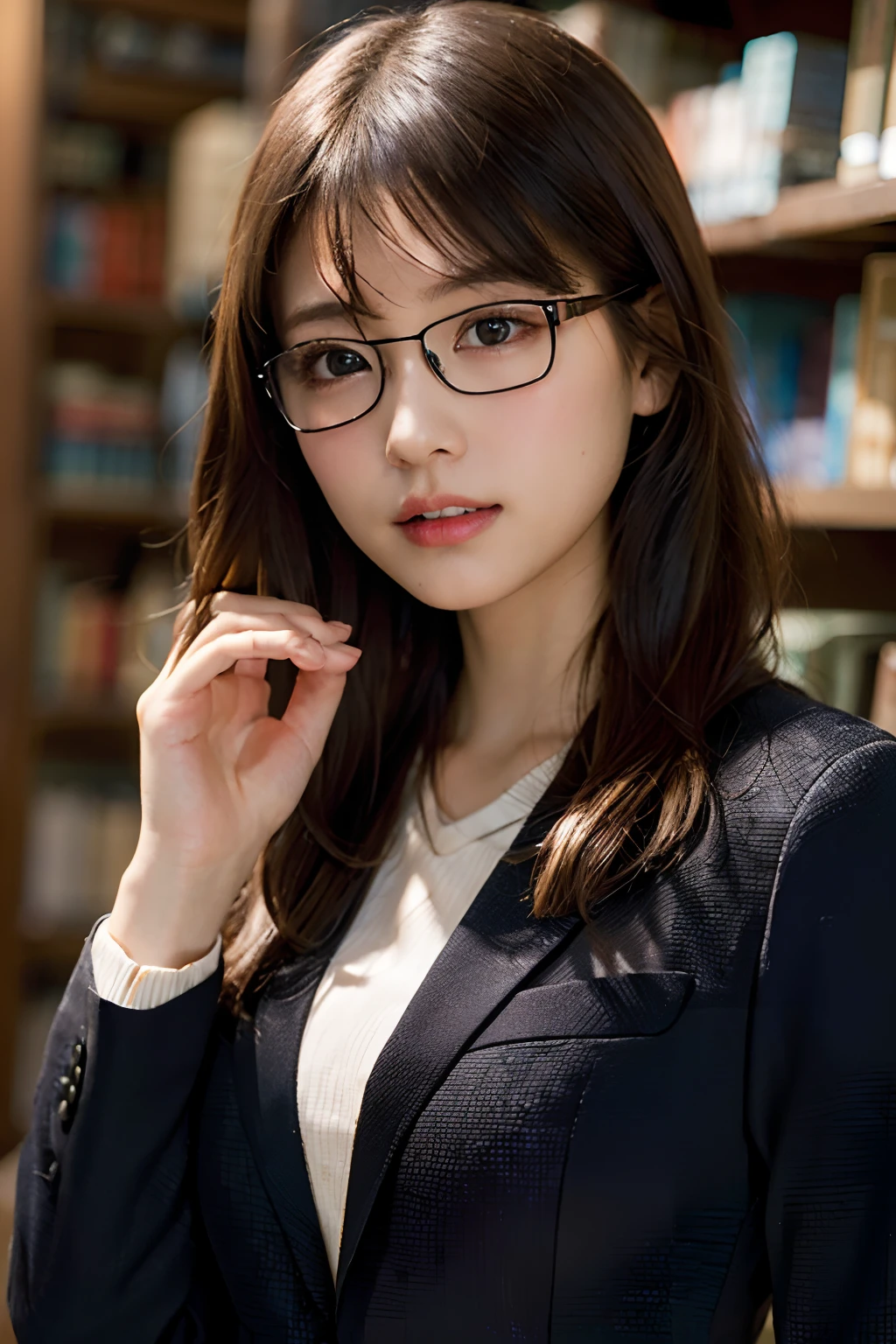 (8K、Raw photography、top-quality、masterpiece:1.2)、(realisitic、Photorealsitic:1.37)、ultra-detailliert、超A high resolution、1人、see the beholder、beautifull detailed face、A smile with a little visible teeth、Constriction、(Slim waist) :1.3)、((Wearing a suit))、Beautiful detailed skin、Skin Texture、Floating hair、((Hairstyle combined into one))、large breasts with good shape、Professional Lighting、Autumn twilight、book library、(((Black square glasses )))、Whole human body、Black hair、((Shameful appearance))、