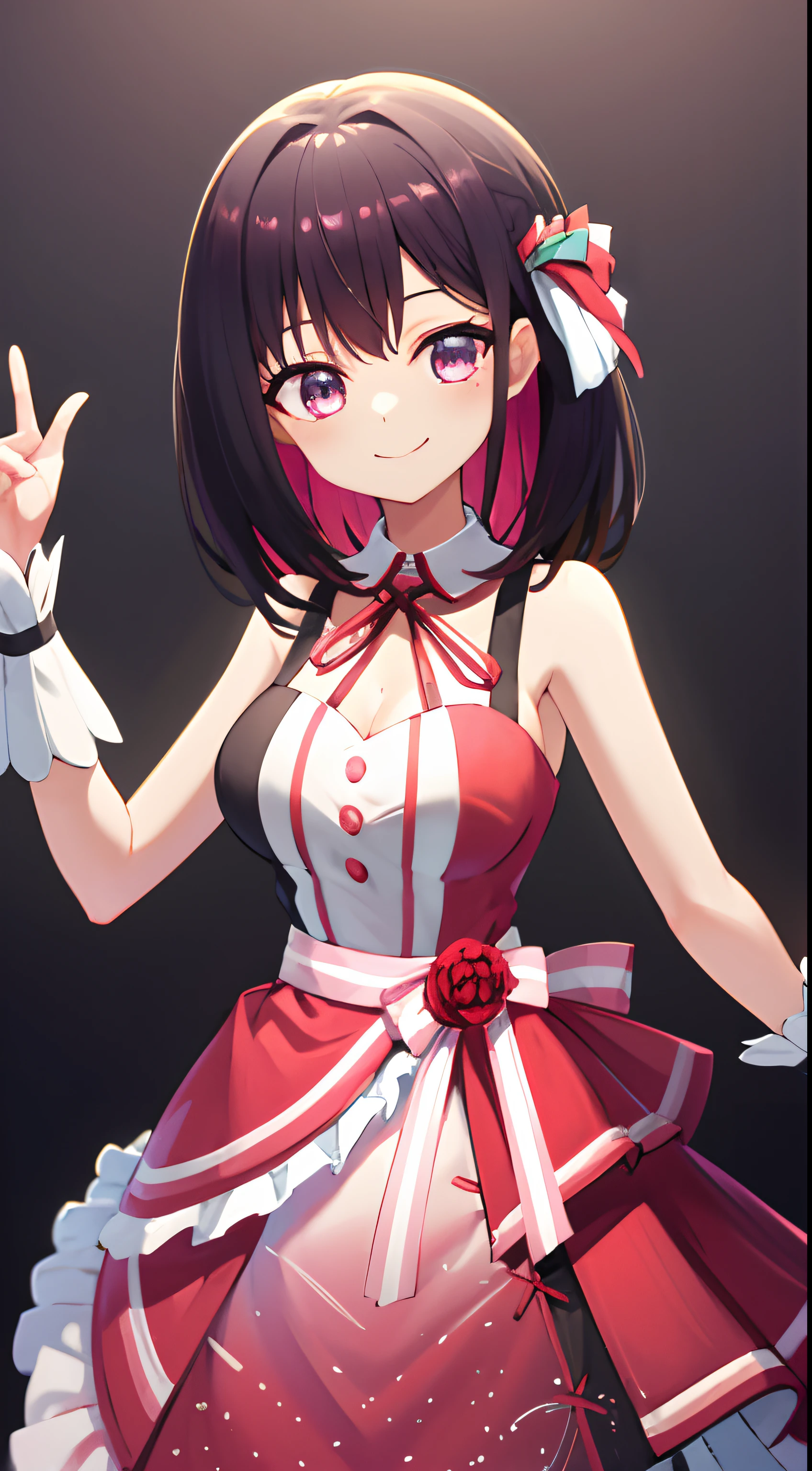 masterpeace, best quality, highres, 1girl, idol clothes, pink hair, black hair, wrist cuffs, colored inner hair, multicolored hair, sleeveless, short hair, purple eyes, ribbon, pink skirt, dress, large breasts, azki \(hololive\), cowboy shot, smile, straight-on,