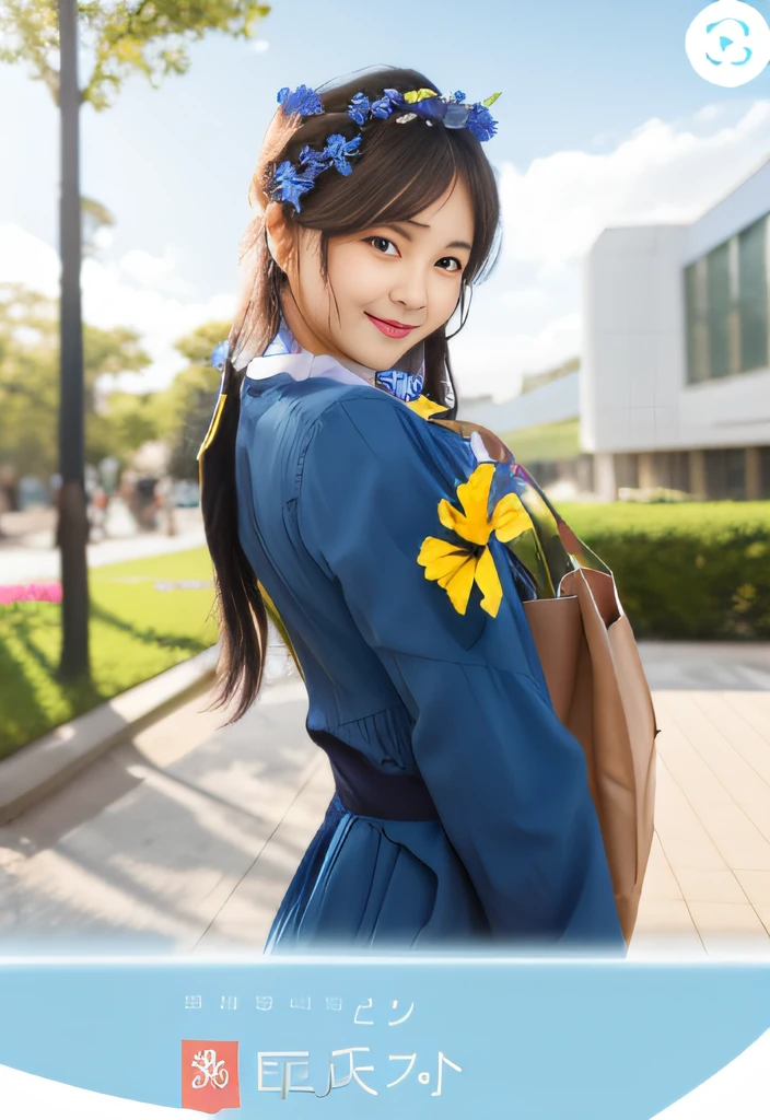 Close up portrait of smiling woman in blue dress with flowers in her hair、campus