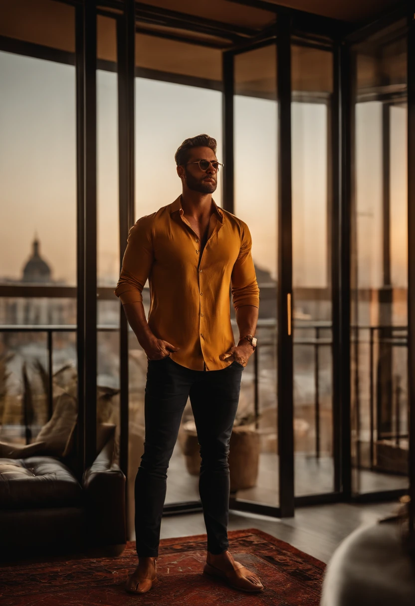 Homem de costas sem blusa forte, seus cabelos devem ser loiro muito claro dourado, bem curto. The setting is in a luxury apartment.