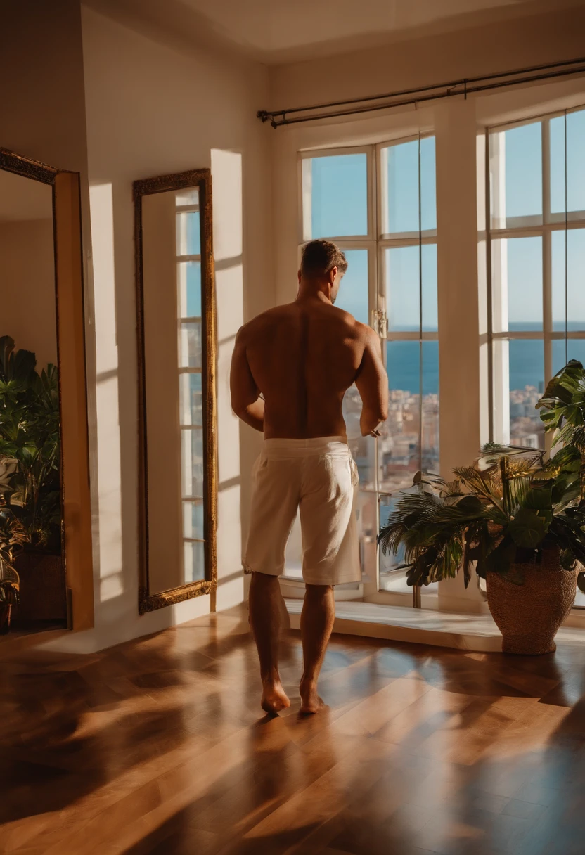 ((medium long shot photo)) of a handsome dark-haired man, standing shirtless on a balcony over looking the ocean during the day ((exposing uncut )) smiling, well lit