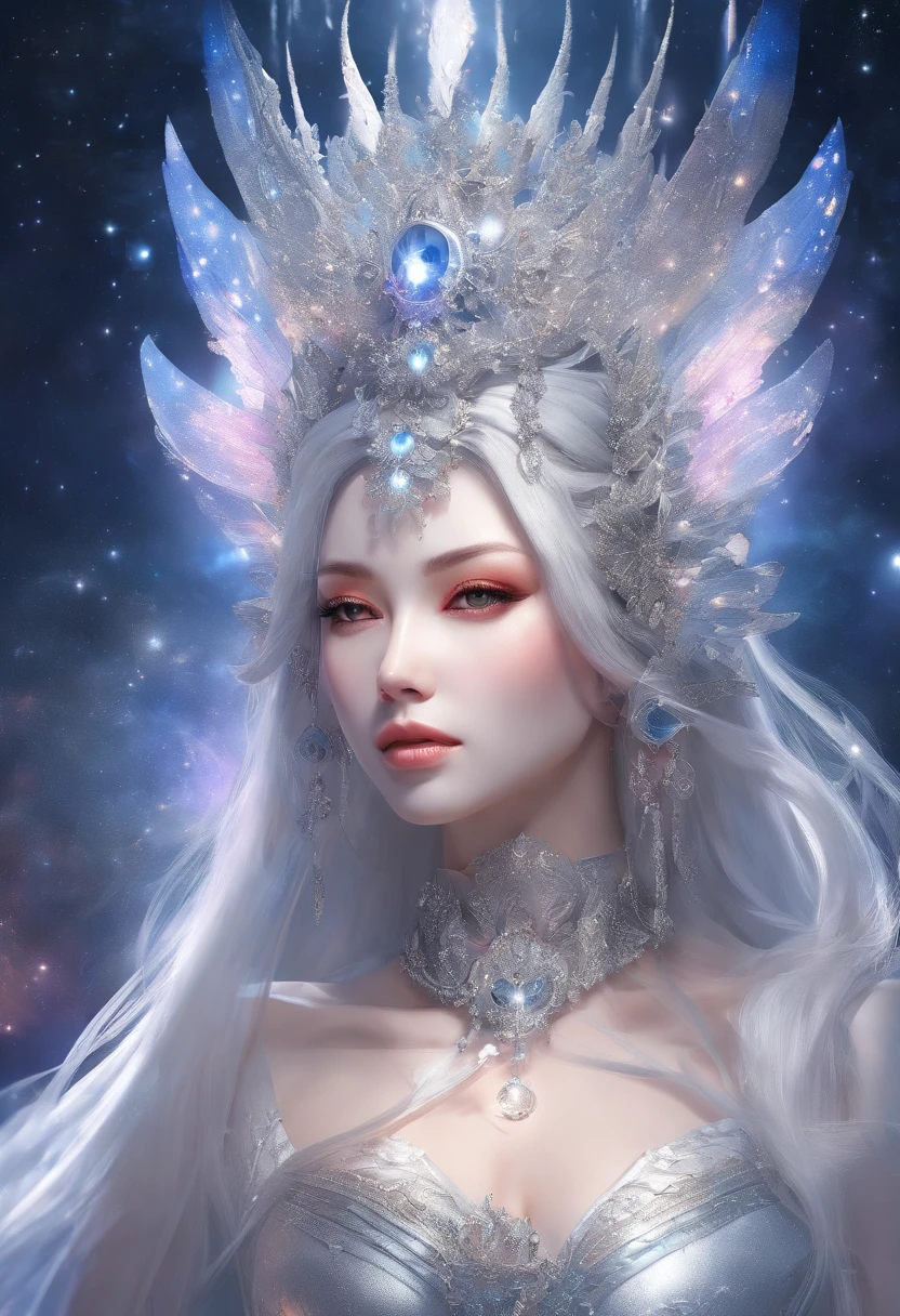 (best quality,highres:1.2),ultra-detailed,realistic,beautiful Empress,(crystal-clear:1.1) flawless complexion, exquisite features, (deeply wise,all-knowing:1.1) eyes, shining with profound wisdom, adorned in a magnificent white gown, wielding a long sword, (flowing robe:1.1) in the gentle breeze, silver hair (swaying gracefully:1.1) in the wind, the white robe (perfectly accentuating:1.1) her slender figure, (gentle and idyllic:1.1) demeanor, like a pristine fairy.