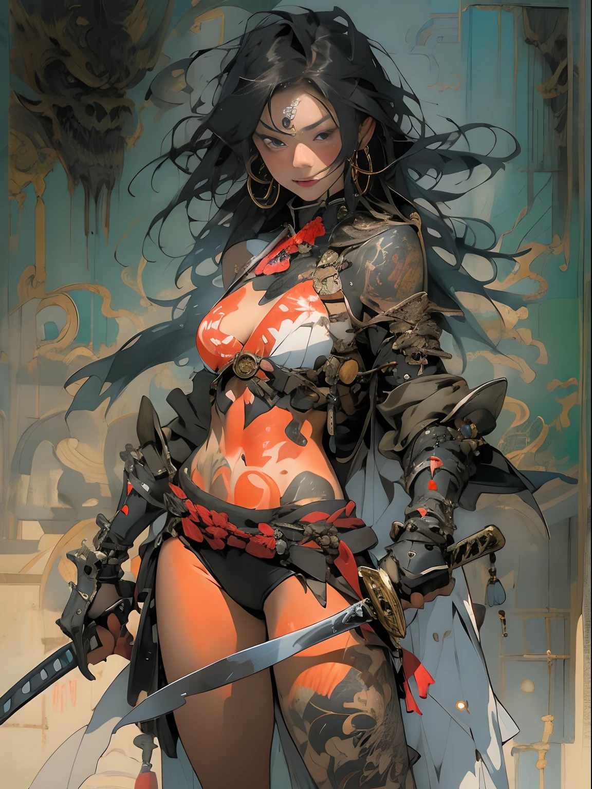 (((woman))), (((best qualityer))), (((tmasterpiece))), (((AS-Adult))), ((( Japanese ))), Look up from your knees, A beautiful asian samurai woman with perfect body, Modern samurai, ((( Asian))), Wear gloves on your hands，The left arm is made of steel and metal tips，Made of protective devices, The eyes are pulled, (( Appears below the breast )), (( Small dental floss )), Simon Bisley, Almost naked（Simon Bisley）Castle City Wilderness，For high-resolution posters, hair straight, Minimum clothing, armure (Crazy clothes ), Full of tips and rivets, tribal tattoos, (((full bodyesbian))), Straight brunette hair，Colored hair ends