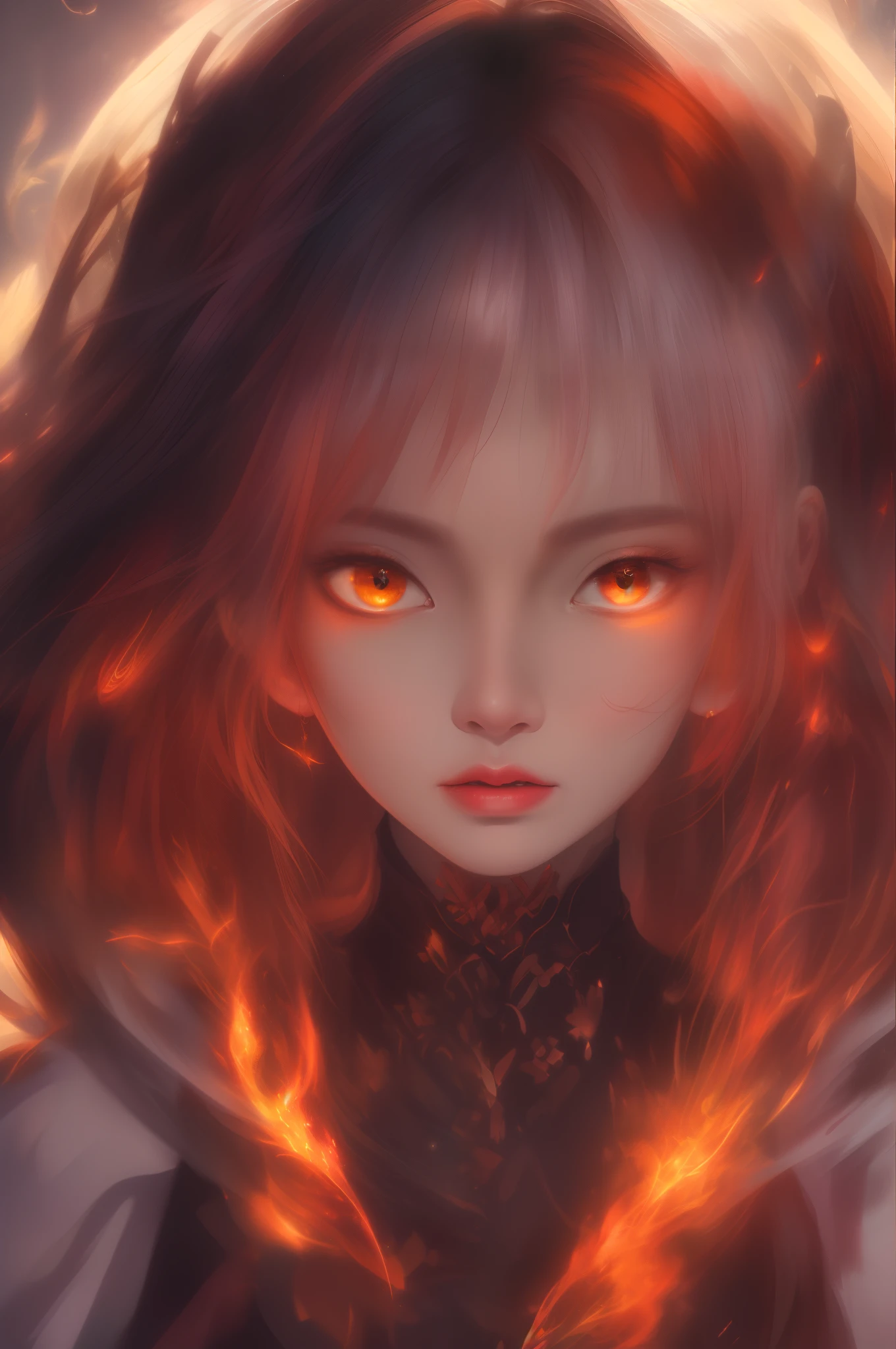 RAW photo, full sharp, (Full HD epic wallpaper) 8K UHD, Digital SLR, Soft lighting, High quality, filmgrain, Fujifilm XT3, hiqcgbody, (1人, Kizi:1.2),Focus above the thighs, Broken glass effect, Vivid yellow flame, Ethereal sparks, vulnerable, Red eyes, Long hair black,Wind,Fluttering head, buzz cut, Style - Gravity magic, Portrait, Looking down, Solo, , Detailed background, Detailed face, Pale complexion,(( Lolita costume)), Black cloak, Cape, Hood, malicious expression, The scarlet symbol rotates in the air,(Floating fire particles, particle fx), Skylight color scheme, Huge red flame, the are In the background, Surrounded by a crimson mist, Sunset, symetrical composition, Epic atmosphere,