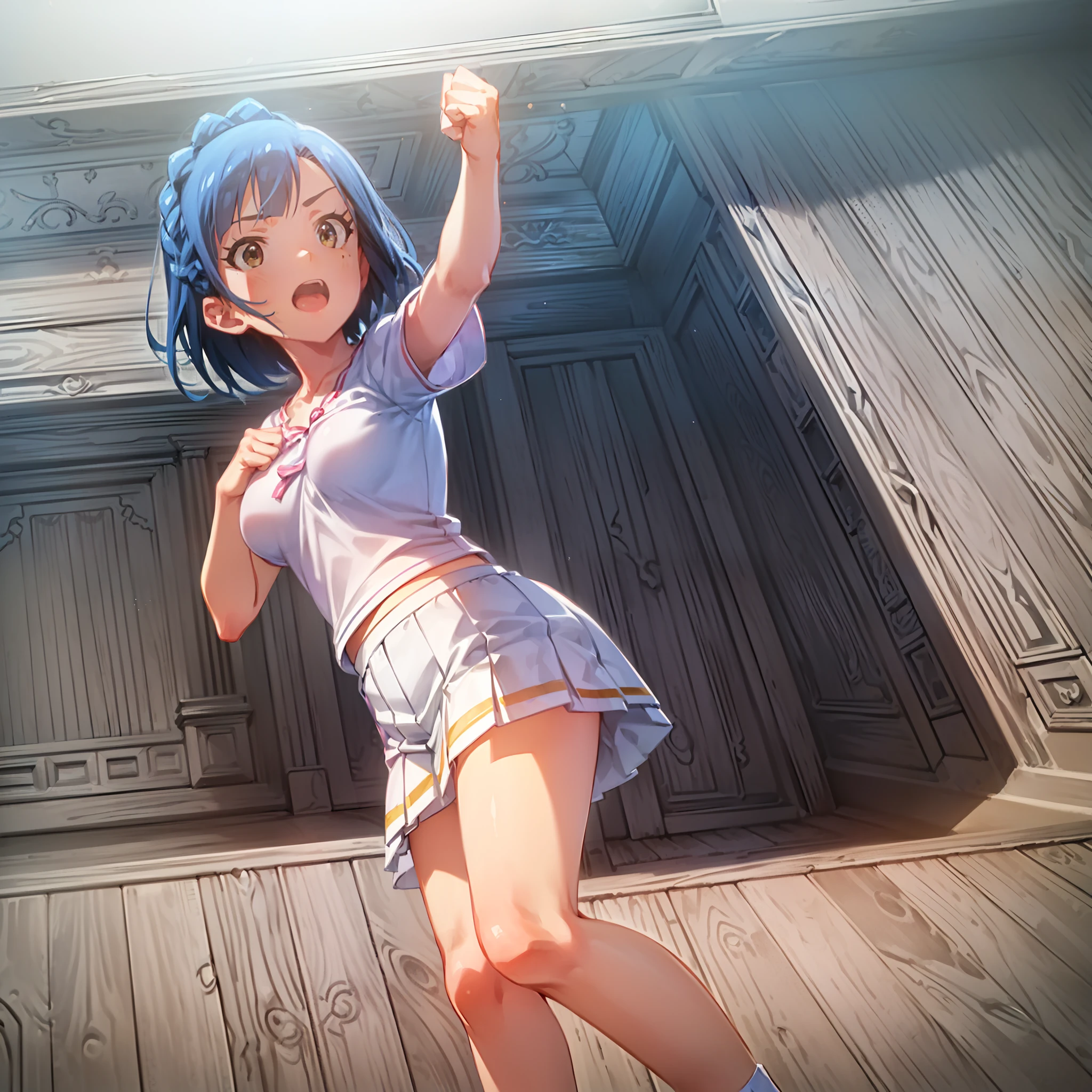 yuriko nanao (million live). Short stature. (((white t-shirts))).(((Skirt))).(((masterpiece))).(((best quality))).((Ultra-detailed))).(((illustratio))). (((fighting stance))).(((a room))).(((make a fist))).(((up chest))).Despair face.(((short-hair))).((big breasts)).((Opening Mouth)).