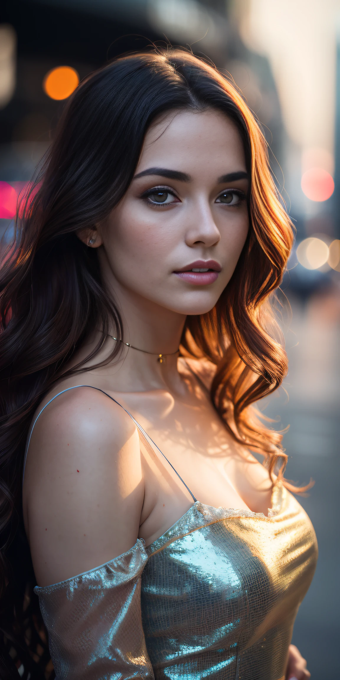 Full face portrait photo of a 25-year-old European girl, RAW, beautiful woman, semi-open strawberry lips, dimples, wistful look, (extra long wavy brown hair), ((detailed face)), ((detailed facial features)), (finely detailed skin), pale skin, (deep neckline detailed high-tech cyberpunk dress), cyberpunk megacity environment, (cool colors), damp, damp, reflections, (masterpiece) (perfect proportion)(realistic photo)(best quality)  (detailed) shot on a Canon EOS R5, 50mm lens, F/2.8, HDR, (8k) (wallpaper) (cinematic lighting) (dramatic lighting) (sharp focus) (intricate),RAW photo, gigachad photo, posing for camera, 8k uhd, dslr, high quality, grain film, Fujifilm XT3