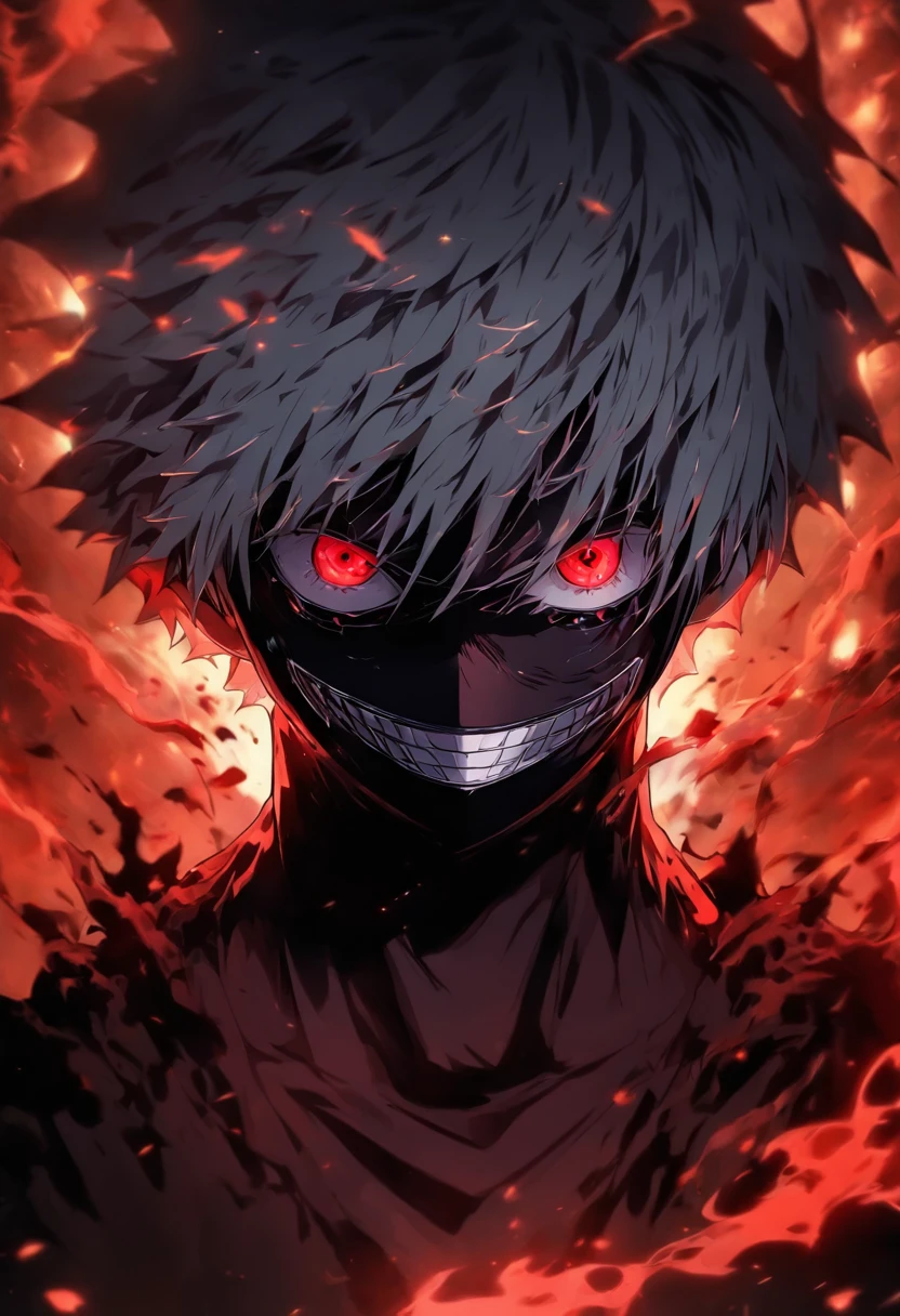 Kaneki Ken inspirou personagem com um olho vermelho, Em um fundo escuro neutro, Duas cores de cabelo vermelho e preto