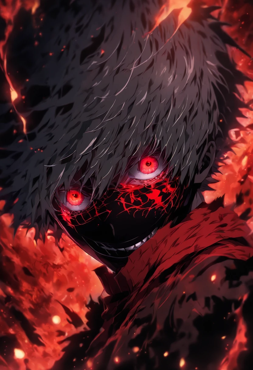 Kaneki Ken inspirou personagem com um olho vermelho, Em um fundo escuro neutro, Duas cores de cabelo vermelho e preto