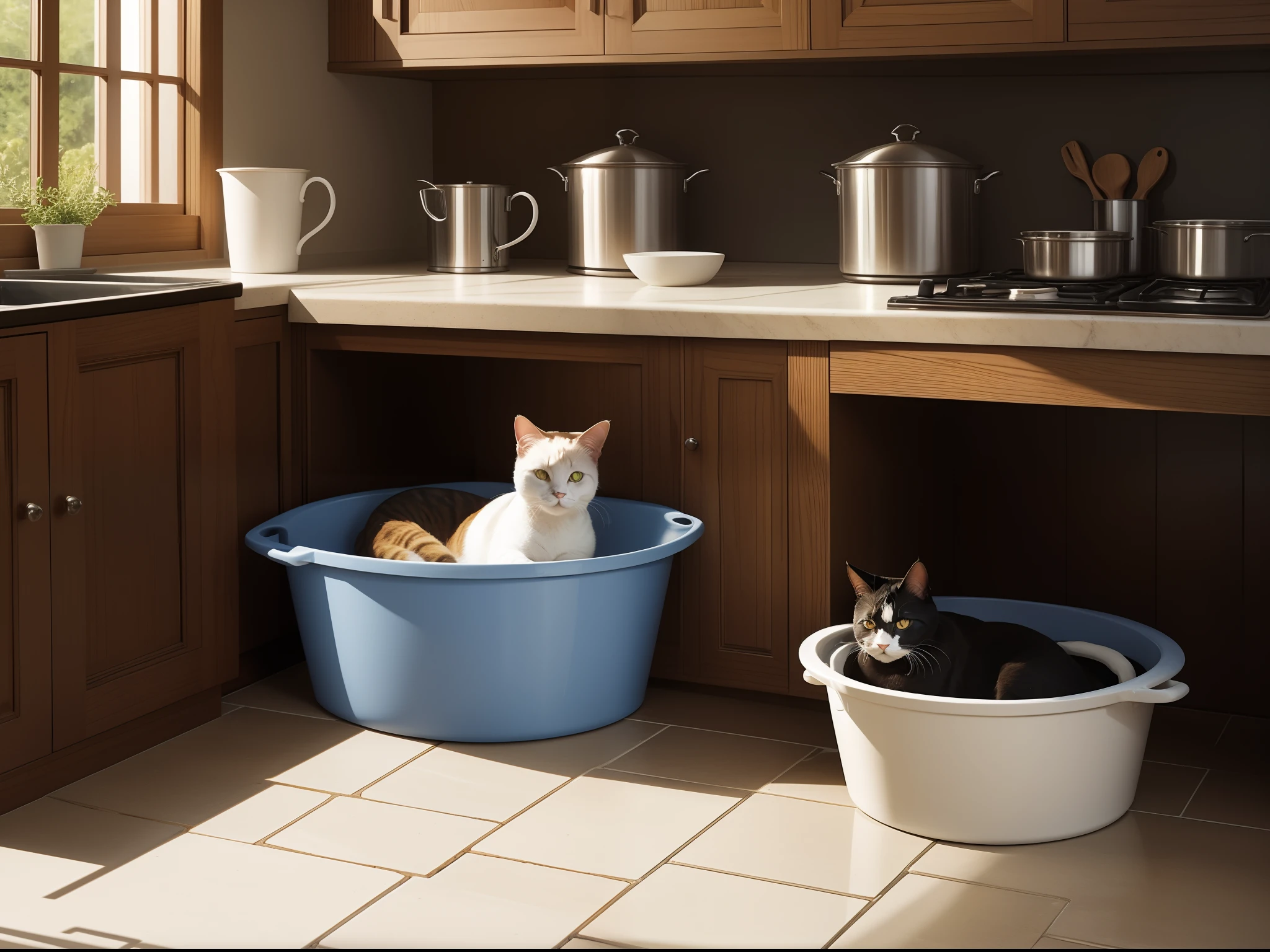 A cat lies in a pot in the kitchen