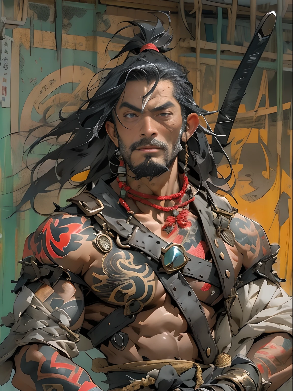 (((mtu))), (((best qualityer))), (((tmasterpiece))), (((AS-Adult))), ((( Japanese ))), Look up from your knees, Handsome Asian samurai,perfect body figure, Modern samurai, ((( Asian))), Wear gloves on your hands,The left arm is made of steel and metal tips,Made of protective devices, The eyes are pulled, (( Appears below the chest )), (( Small dental floss )), Simon Bisley, Almost naked(Simon Bisley)Castle City Wilderness,For high-resolution posters, hair straight, Minimum clothing, armure (Crazy clothes ), Full of tips and rivets, tribal tattoos, (((full bodyesbian))), Straight brunette hair,Colored hair ends