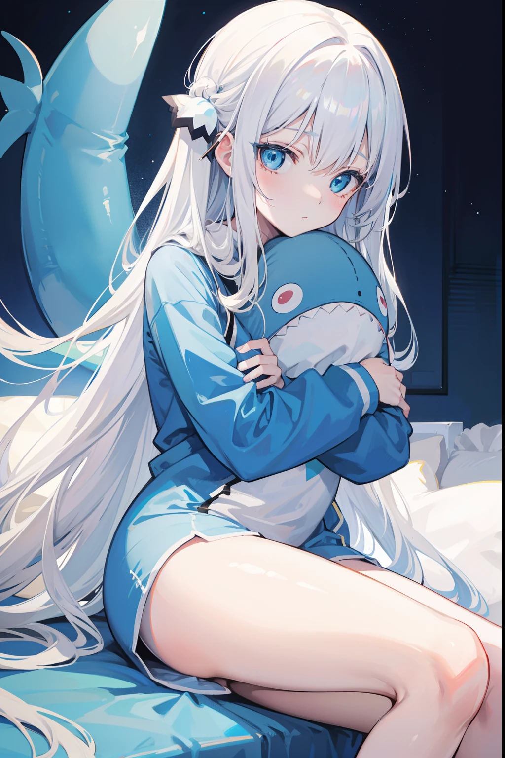 Anime girl, beautiful blue eyes, long white hair, cat ears, in a blue shark onesie with a hoodie on her head, laying on a bed, good anatomy, bare legs, cute hugging a shark plushie, 8k, high resolution