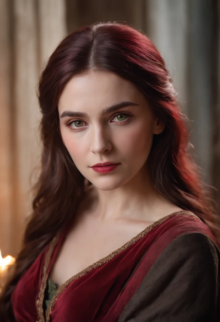 (((A deep red wound streaked across her left cheek))) Fair complexion, A woman around 19 years old, Natural gray hair, Unique green eyes, Wear Cole, Slender and graceful, Beautiful, Candlelight in a medieval setting, super sharp focus, realistic lens, Medieval women's clothing, Four colors (Scar:1.4)