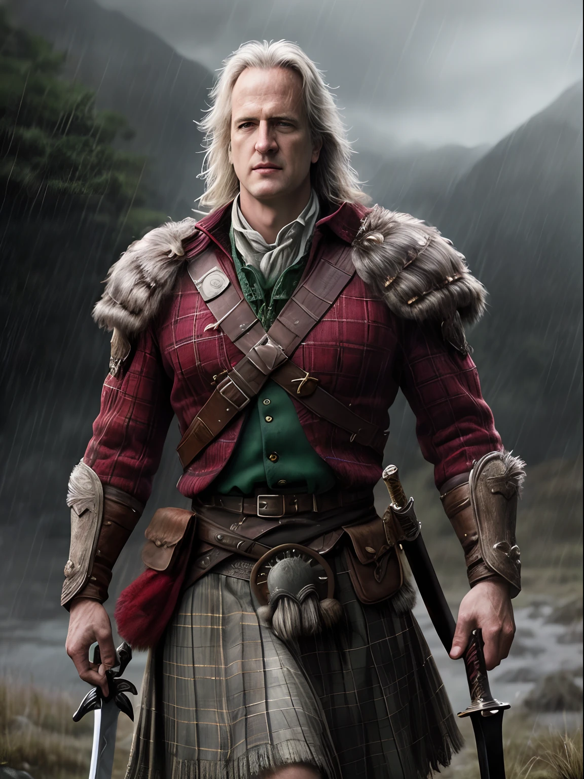 Profesional photorealistic artwork of Christopher Lambert as Duncan McCloud the Immortal Highlander with his enigmatic Scottish Long Sword, walks in a torrential rain at Scotland mountain, masterpiece digital artwork of Don Lawrence, detailed face, insanely detailed and inticate, ultra-sharp, hyper maximalist, hyper realistic, octane render, volumetric lighting, professional Lightroom Color Grading By Kenneth Hines Jr.,  the 80's color comic style