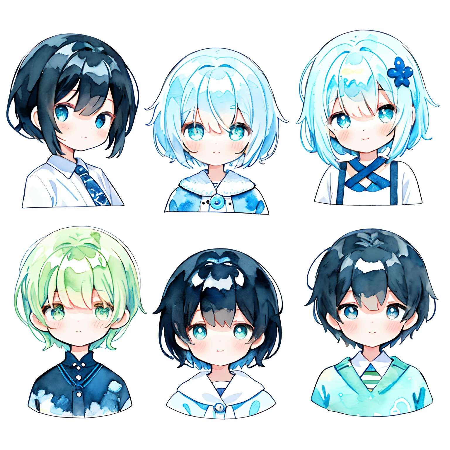 PastelColors:1.5)、(Cute illustration:1.5)、(watercolor paiting:1.2)、Light blue background、girl with、full body Esbian、Cool smile、Stranger、Light blue all over、Moya、marble、colourfull、jello、Jelly Girl、、surrounded、facing the front there、Bery short hair、Black hair、Cool Girl、Crisp eyes、Black shirt、Yellow-green tie、slit、Short pants、Black pants、icons、busts、The upper part of the body、Up to the shoulder、Upper body only、facing front、Tying up hair、a cool、Kiza、youthfulness、Cold eyes、frosty eyes、deadpan、hands on pockets、
