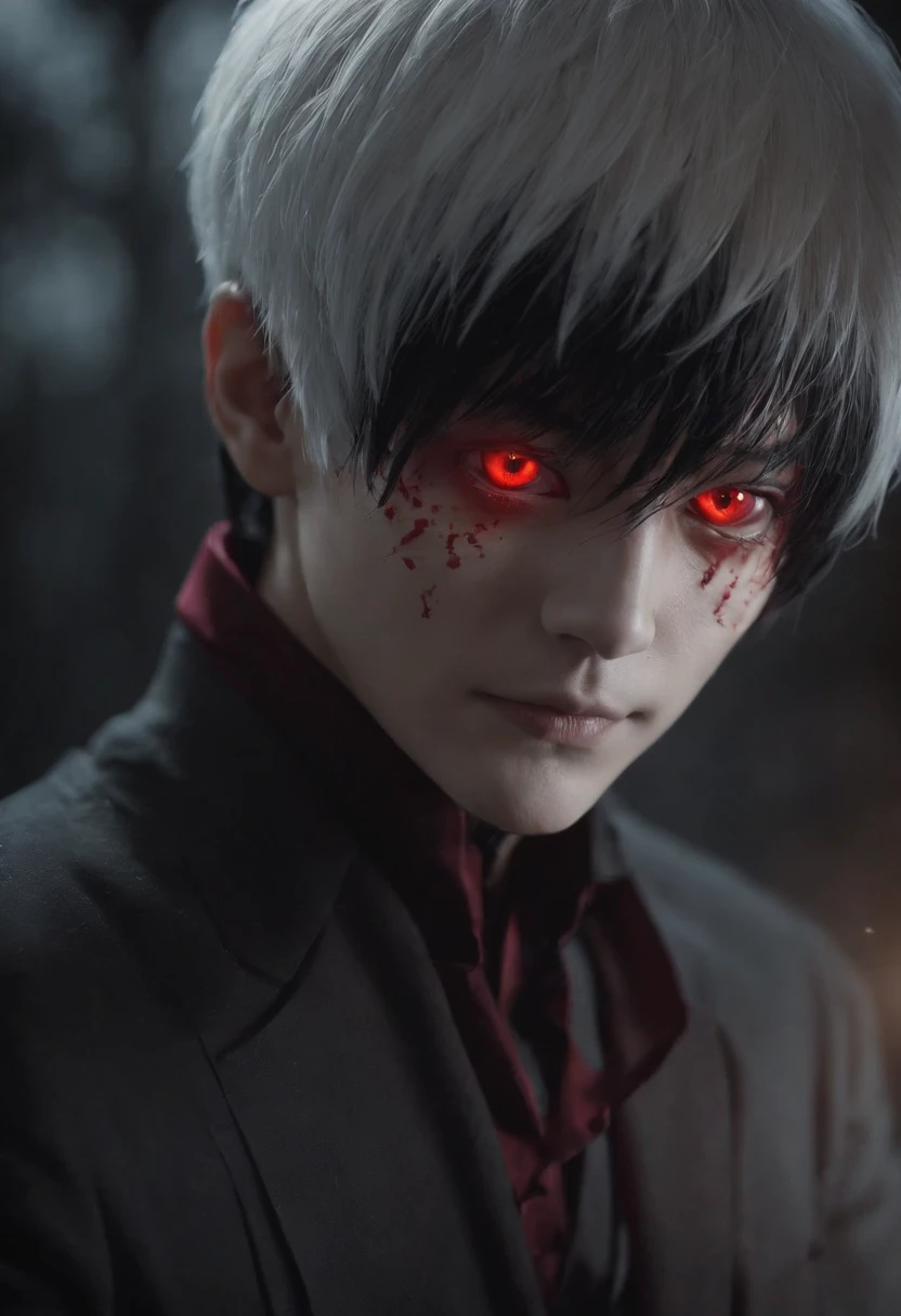 Kaneki Ken inspirou personagem com um olho vermelho, Em um fundo escuro neutro, Duas cores de cabelo vermelho e preto
