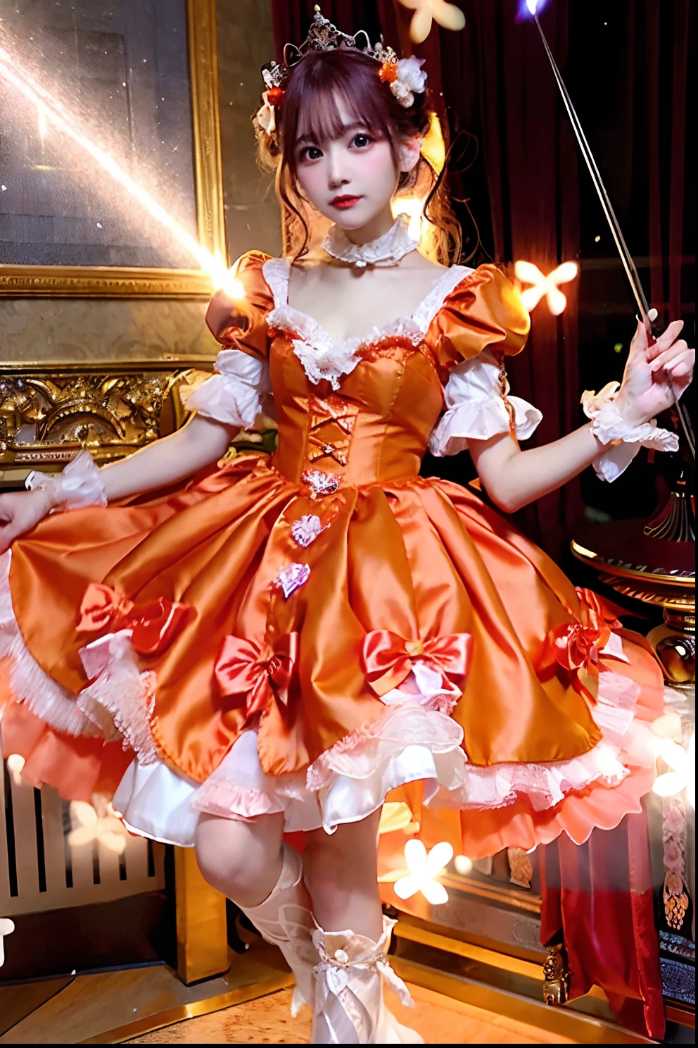 Orange satin dress with cane and crown arafe, fantasy dress, magical dress, dreamy style, very magical and dreamy, Lolita Fashion, ethereal fairy tale, fairycore, fantasy outfit, wearing fantasy formal clothing, angelic pretty, dreamy and detailed, Lolita style, fantasy style clothing, rococo dress, Fantasy aesthetics!, romantic dress