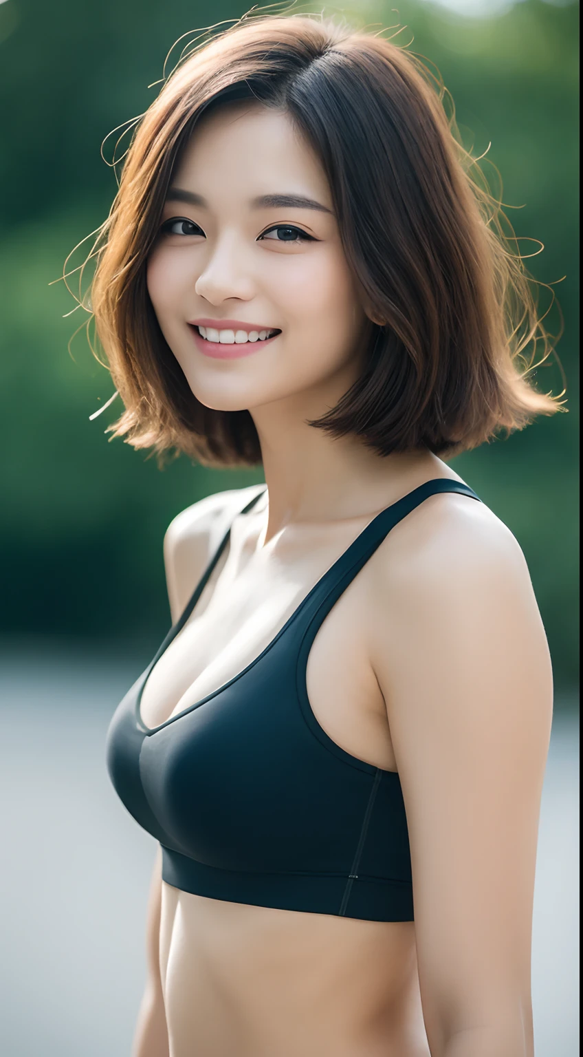 ((Top Quality, 8k, Masterpiece: 1.3)), Sharp Focus: 1.2, Perfect Body Shape Pretty Woman: 1.4, Slender Abs: 1.2, (Layered Haircut, Big: 1.8), (Sports Bra: 2.0), (Jogging: 1.8), (Street: 1.2), Highly Detailed Face and Skin Texture, Detailed Eyes, Double Eyelids, Smile, Bokeh,