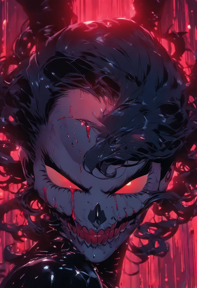 Goddess catwoman skull face with blood close-up portraitCatwoman skull, hyper realism, high detail, octane render, 8k, giger,  dark and scary night, realistic, detailed, horror, spooky, terror, neon ambiance, abstract black oil, gear mecha, detailed acrylic, grunge, intricate complexity, rendered in unreal engine, photorealistic