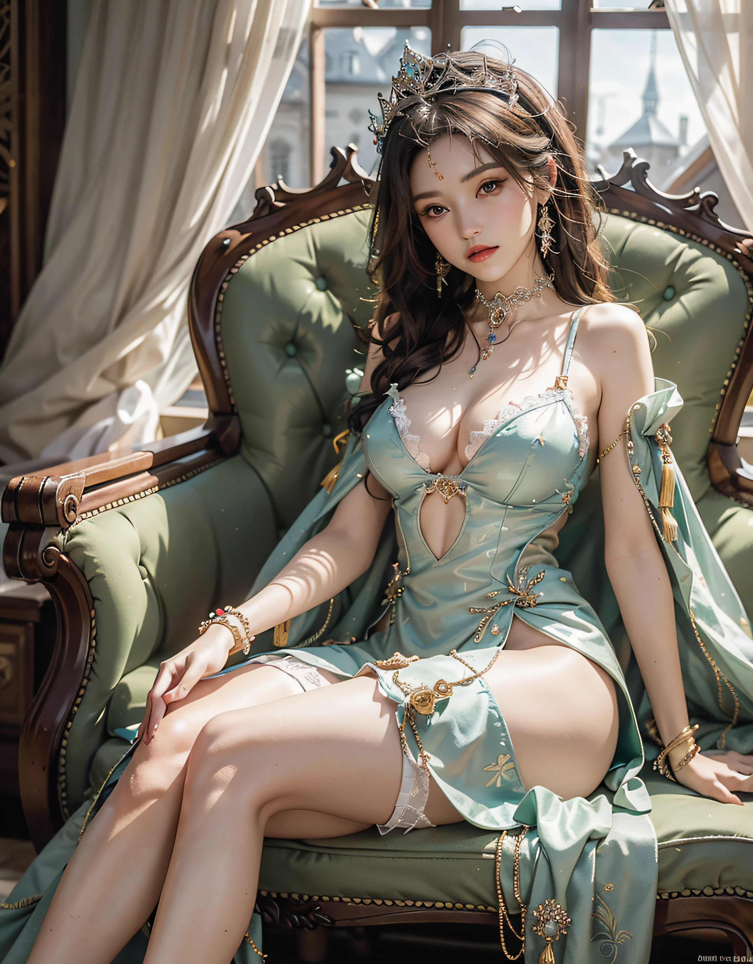 Arapefi, （Green princess dress，1.8）， seated on a throne， wearing high heels，Place your hands on your chest，Wear a crown，choker necklace，Look from the front，close-up from the front，next to a window, sitting in a castle, Sense of transparency，（oversized boobs，1.5），Expose cleavage，Turn around and look at the camera，tmasterpiece，Flawless，Sense of transparency，Empty inspiration，More details and decoration，Exposing thighs，8K，（Wear decorations such as rings，1.9），White-colored skin，Ornate ornament，White waist stockings，one-girl，(Dissection is correct，PremiumQuality, high detal, Masterpiece）