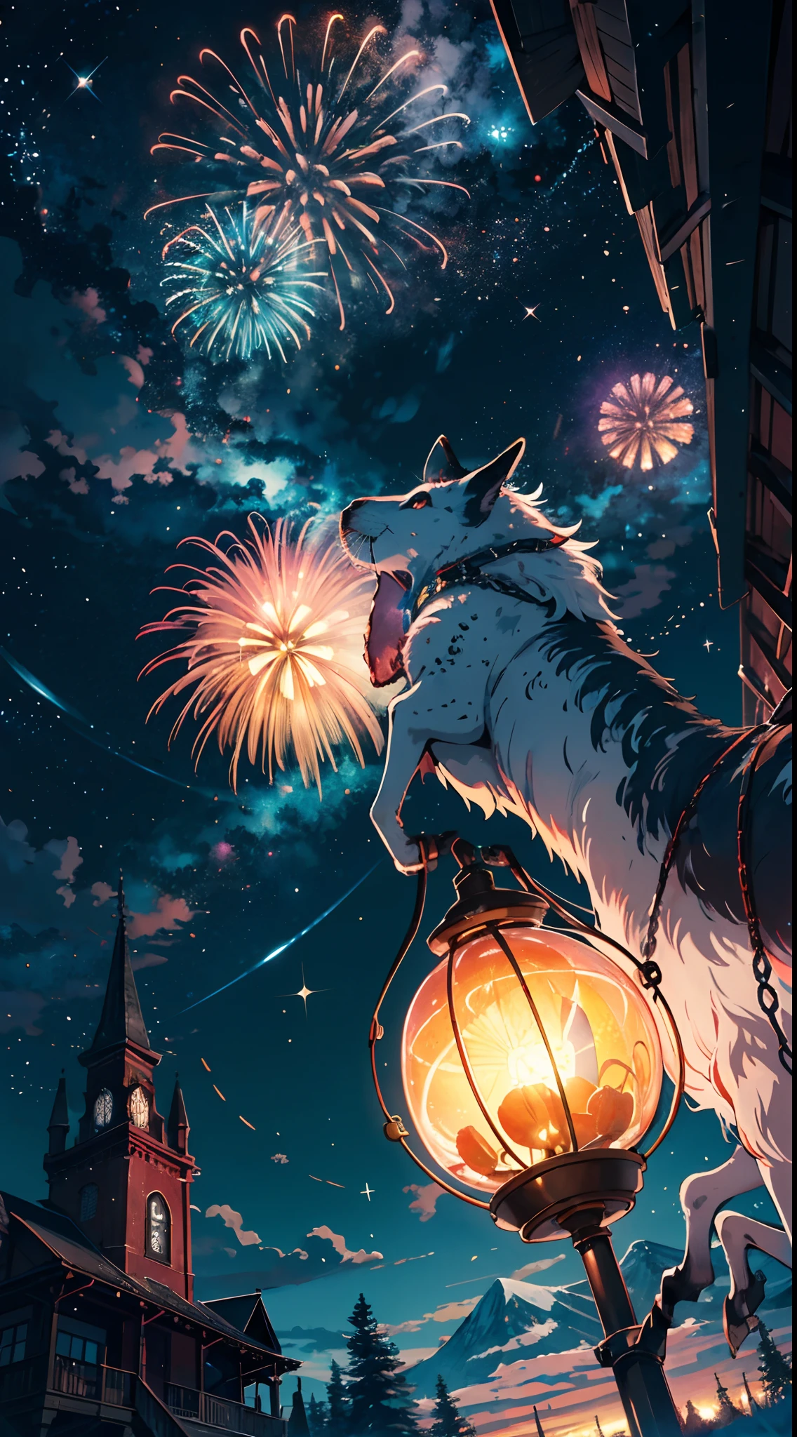 Vast landscape photos,(View from below with a view of the sky and the wilderness below),(moon full:1.2),(meteors:0.9),(Starcloud:0.5),Far Mountain,Tree BREAK Production Art,(Warm light source:1.2),(glowworm:1.2),Brilliant fireworks,lamp lights,Purple and orange,intricately details,Volumetric lighting BREAK(tmasterpiece:1.2), (top-quality),4K,Ultra-delicate,(Dynamic configuration:1.4),Highly detailed and colorful details(Irridescent color:1.2),(Sparkling lighting,Atmospheric lighting),dream magical,magical,Perfect color matching,(独奏:1.2)
