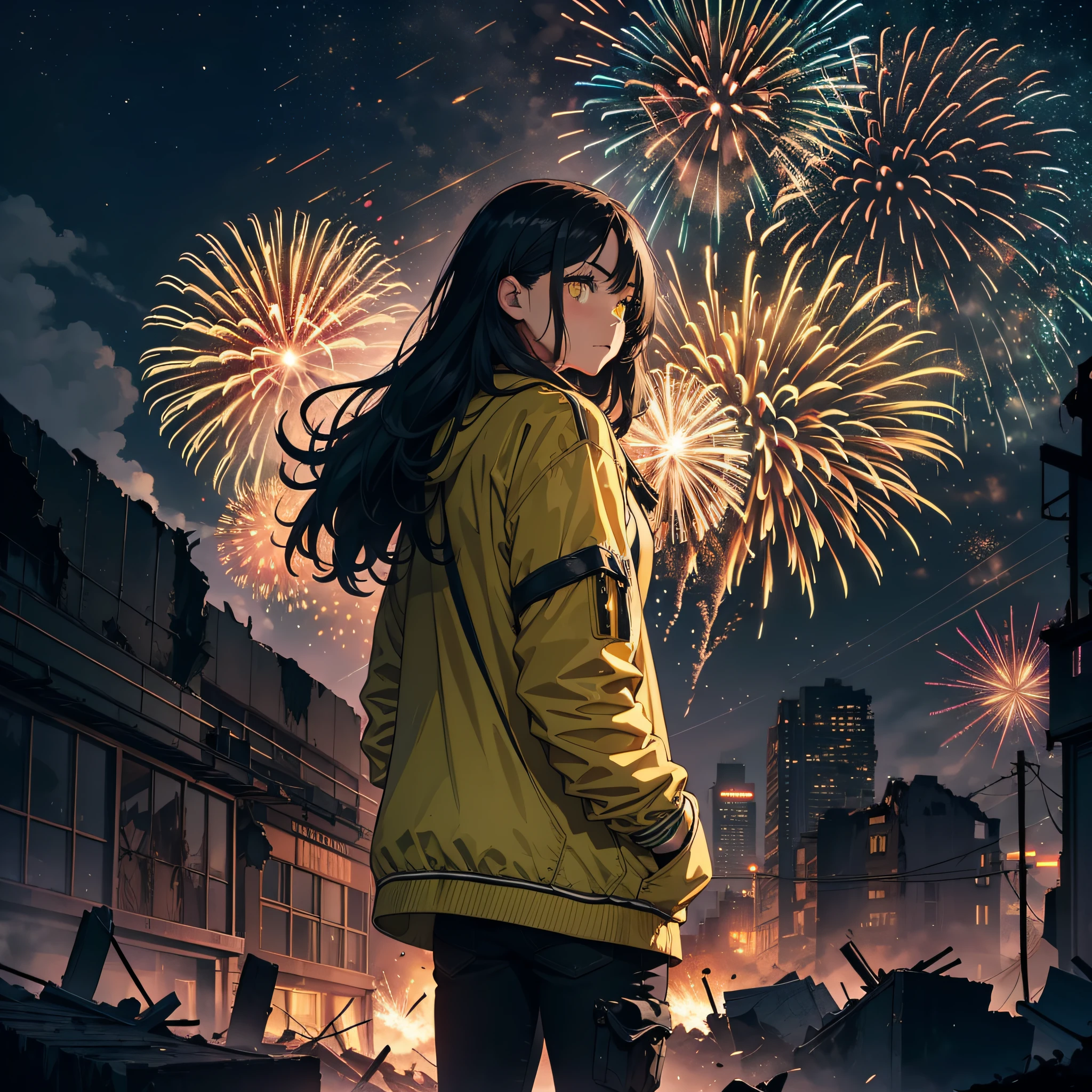 Realistic scenery, ultra - detailed, the night,postapocalyptic, High quality, Buildings everywhere, Destroyed buildings,postapocalypse, full-body portraits ,A girl, Yellow jacket, Hands in pockets, Long black hair, Heterochromic eyes,Fireworks explode in the sky , Spectacular fireworks display. The fireworks are huge