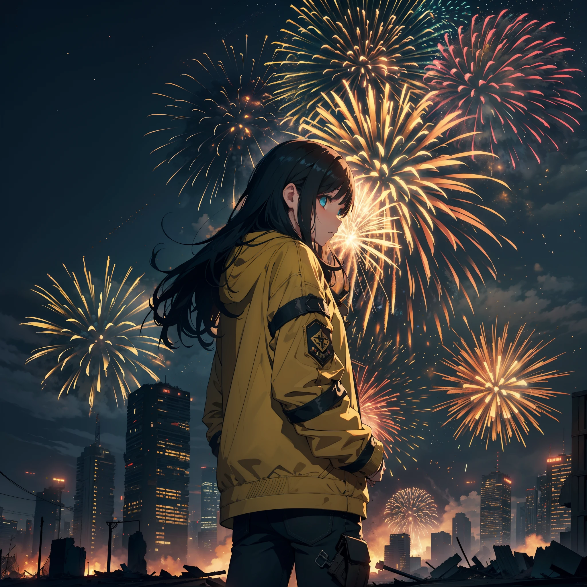 Realistic scenery, ultra - detailed, the night，postapocalyptic, High quality, Buildings everywhere, Destroyed buildings,postapocalypse, full-body portraits ,A girl, Yellow jacket, Hands in pockets, Long black hair, Heterochromic eyes,Fireworks explode in the sky , Spectacular fireworks display. The fireworks are huge
