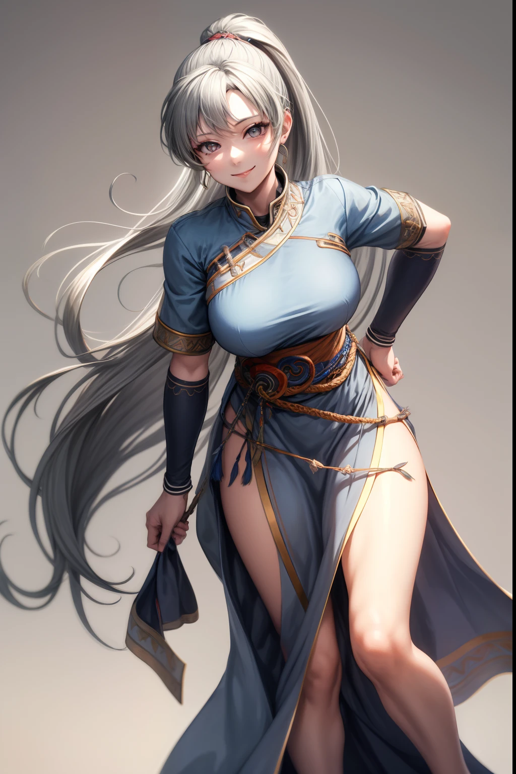 masterpiece, best quality, defaultLyn, gray hair, gray eyes, blue dress, pelvic curtain, sash, portrait, standing, looking at viewer, stream, plains, leaning forward, smile, serene expression