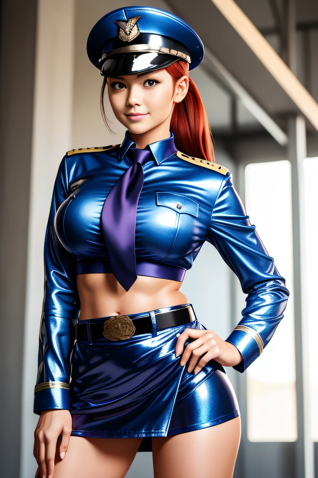 One Air Force officer in Alafe's uniform、Big breasts about to burst、thin and long legs,、Redhead blue eyes、Pony tail、Fitness Model、musculature、abdominals、Metallic Orange Jacket、Metallic Black Tight Skirt、Metallic White Shirt、breasts pocket、hatting、a belt、neck tie、Five-fingered、glistning skin、Cool smile、Pose ready to fight