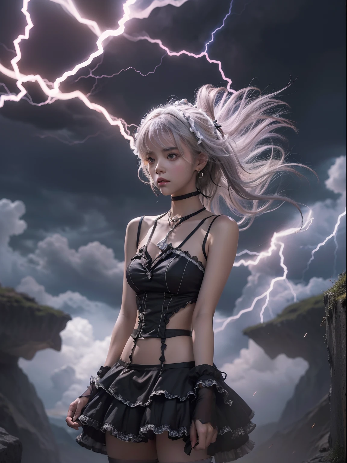 masutepiece, 8K,((Focus on the thighs)),High resolution whole body, surrealism, Cinematic lighting, god light,Layered processing (HD layers, People layer, Background image layer),f/4.0, kanon,(The face is super clear),hugefilesize,Shiny skin,Detailed skin,Detailed face, Detailed eyes, Goddess of the Storm,(ta dress miniskirt:1.5), At the top of a huge canyon, The wind was blowing violently, Hair similar to the color of wind and lightning, nakeness, Bare chest, No top, Show off , Storm vortex pendant, Lightning earrings, Dark clouds loom like a storm, A thunderous scene,(Sky thunder and lightning scattered together),
