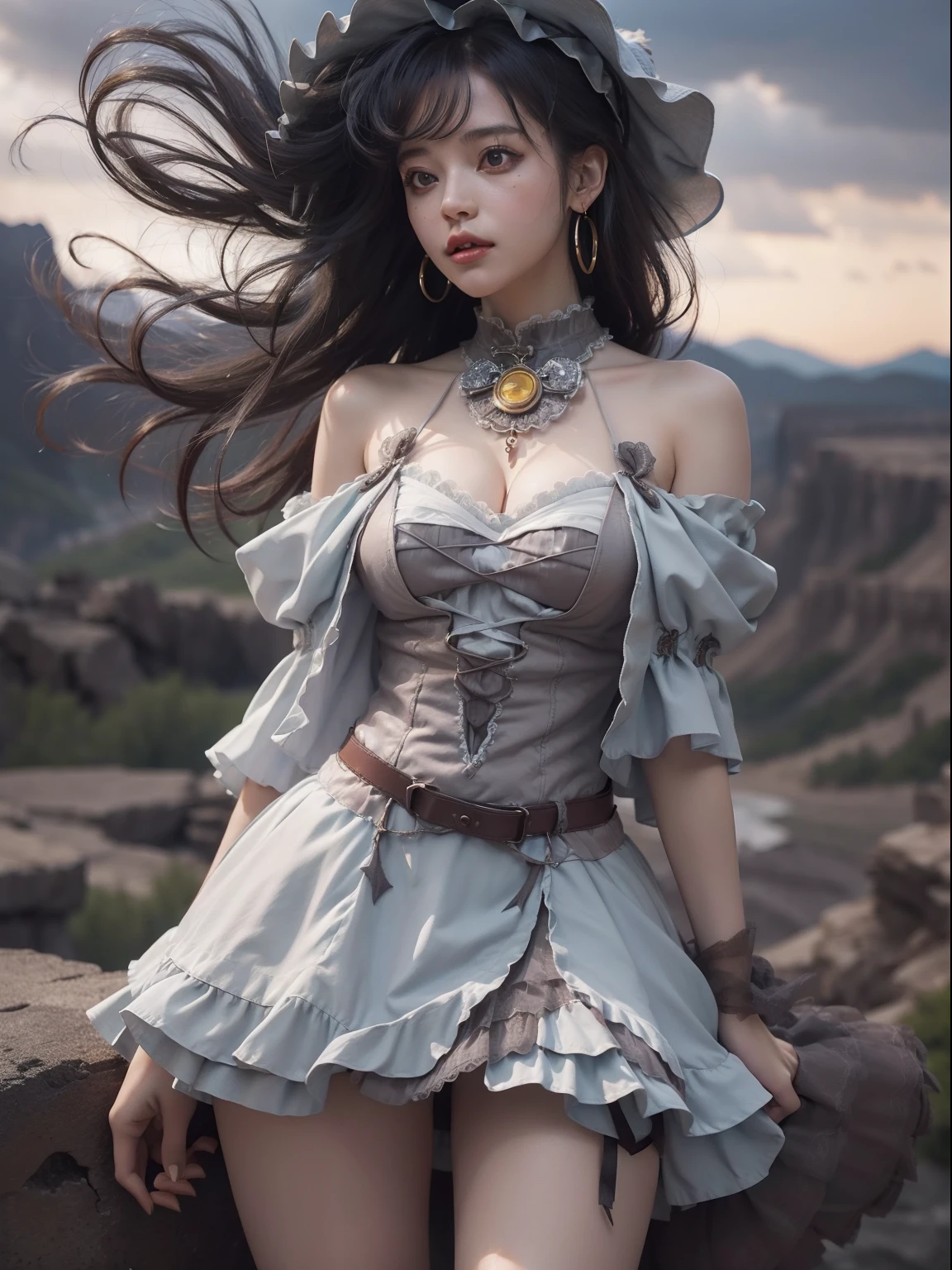 a beautiful young European girl, 1girl, detailed eyes, detailed lips, detailed face, long eyelashes, black smoothie eyebrows, detailed hair, cleavage, tight black jeans, navy blue top, beautiful body, stand in snow hills, 8k, masterpiece, hyper detailed, photorealistic, cinematic lighting, intricate details, vibrant colors, stunning landscape, dramatic atmosphere