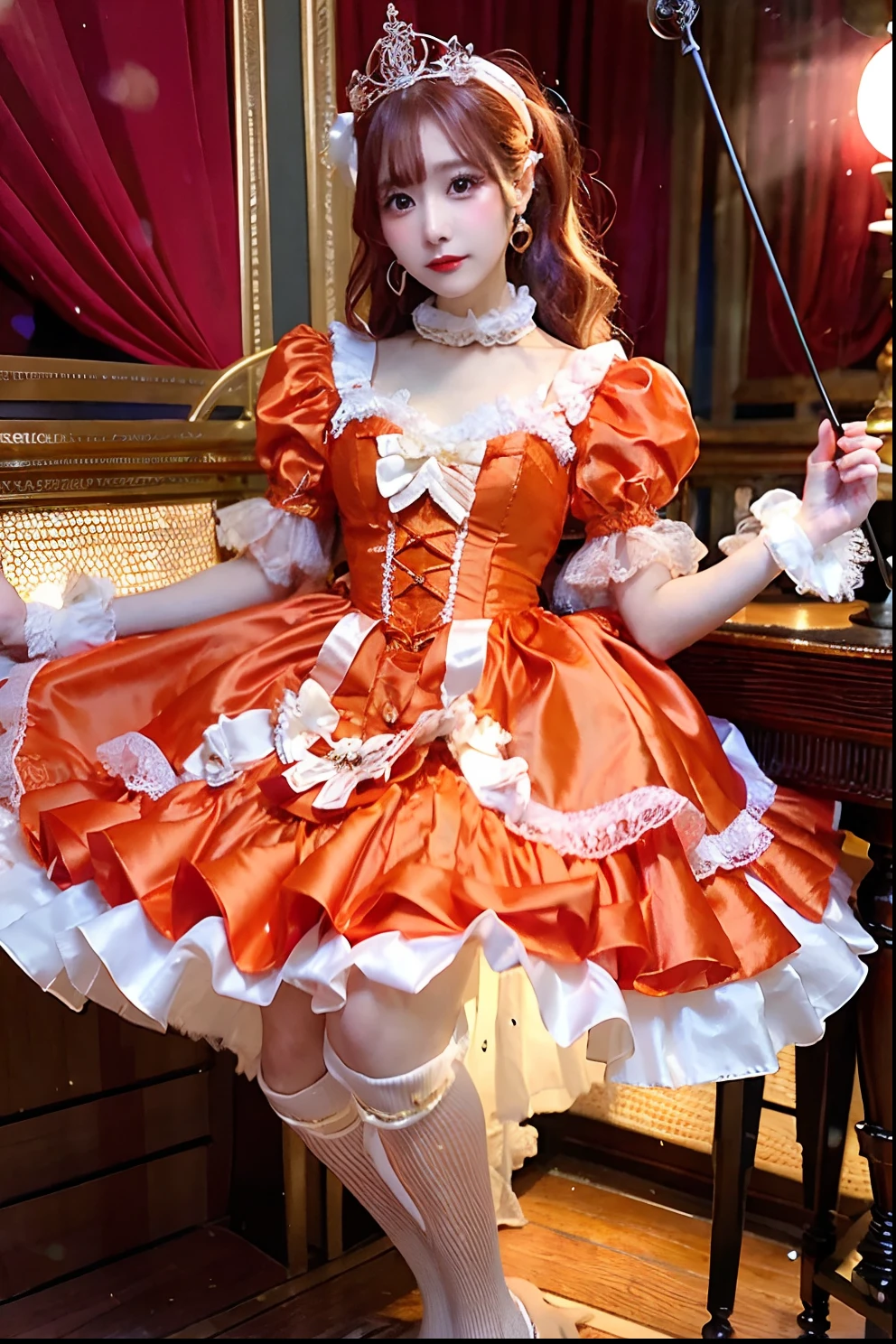 Orange satin dress with cane and crown arafe, fantasy dress, magical dress, dreamy style, very magical and dreamy, Lolita Fashion, ethereal fairy tale, fairycore, fantasy outfit, wearing fantasy formal clothing, angelic pretty, dreamy and detailed, Lolita style, fantasy style clothing, rococo dress, Fantasy aesthetics!, romantic dress