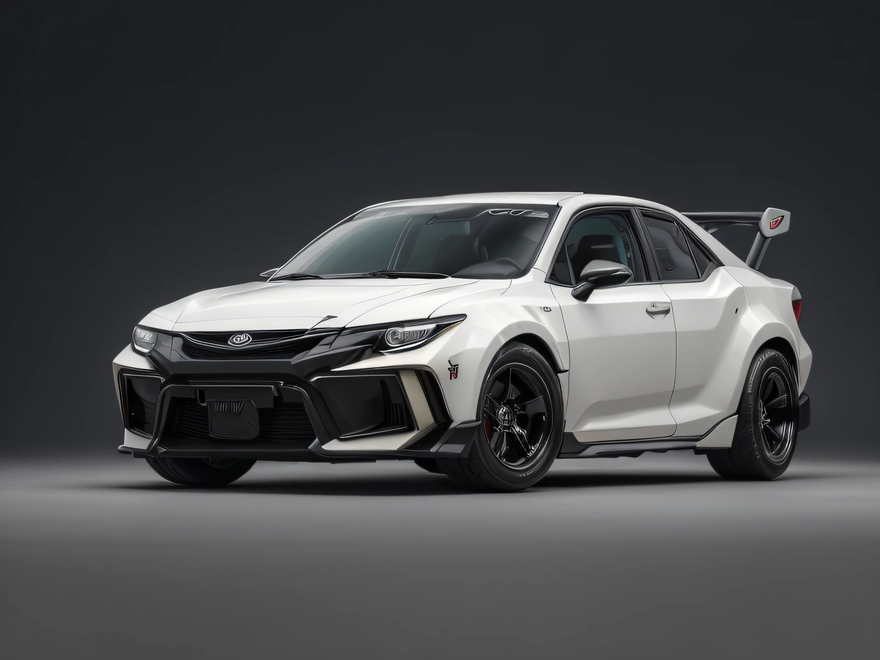 uma vista frontal 3/4 dos ((Cyberpunk futurista Hotrod Zeekars)) ((toyota corolla 2023 GRS branco)) (com pneus brilhantes), no estacionamento,