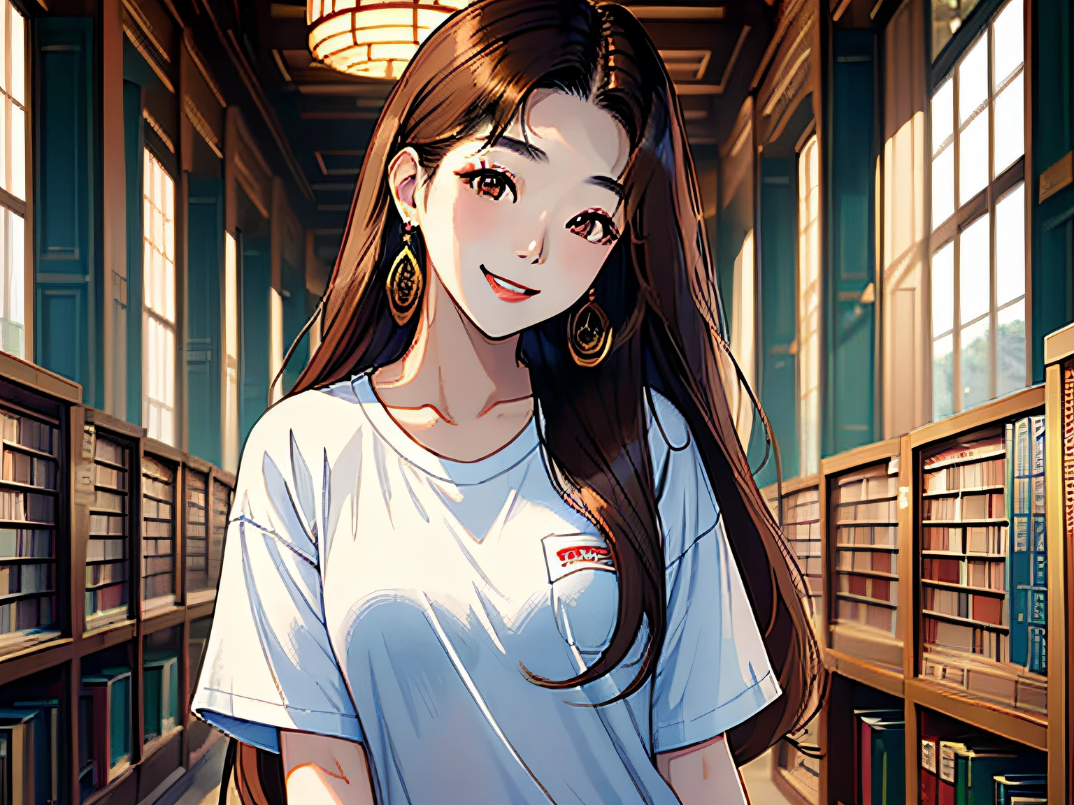 ((masterpiece)),(((best quality))), young korean woman with long brown hair smiling at the camera, gorgeous young korean woman, young adorable korean face, beautiful young korean woman, smiling fashion model face, white tshirt, blue jean, perfectly centered portrait, head centered portrait, in a library