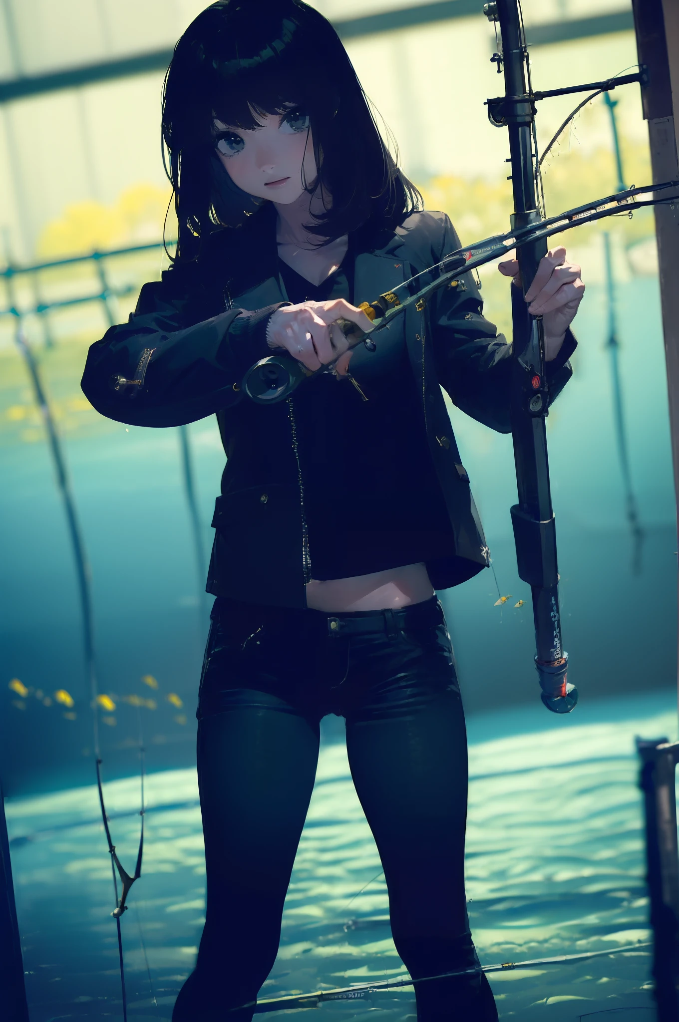 ((((Have fishing rod with a reel:1.5)))),((Female 28 years old)),((Best Quality:1.5)),(((Hands with the correct number and structure of fingers:1.4))),((lakeside:1.37)),hight resolution,ultra-detailliert,masterpiece,best qualtiy,(Eight-headed body),Black hair, long eyeslashes, Solid Circle Eyes, drop shadow, Atmospheric perspective,Super Detail, ccurate, small brest,(Black jacket and black jeans :1.1),top-quality, blurry backround, bokeh dof:1.2, (masterpiece:1.3), Atmospheric perspective,Super Detail,dynamic compositions,