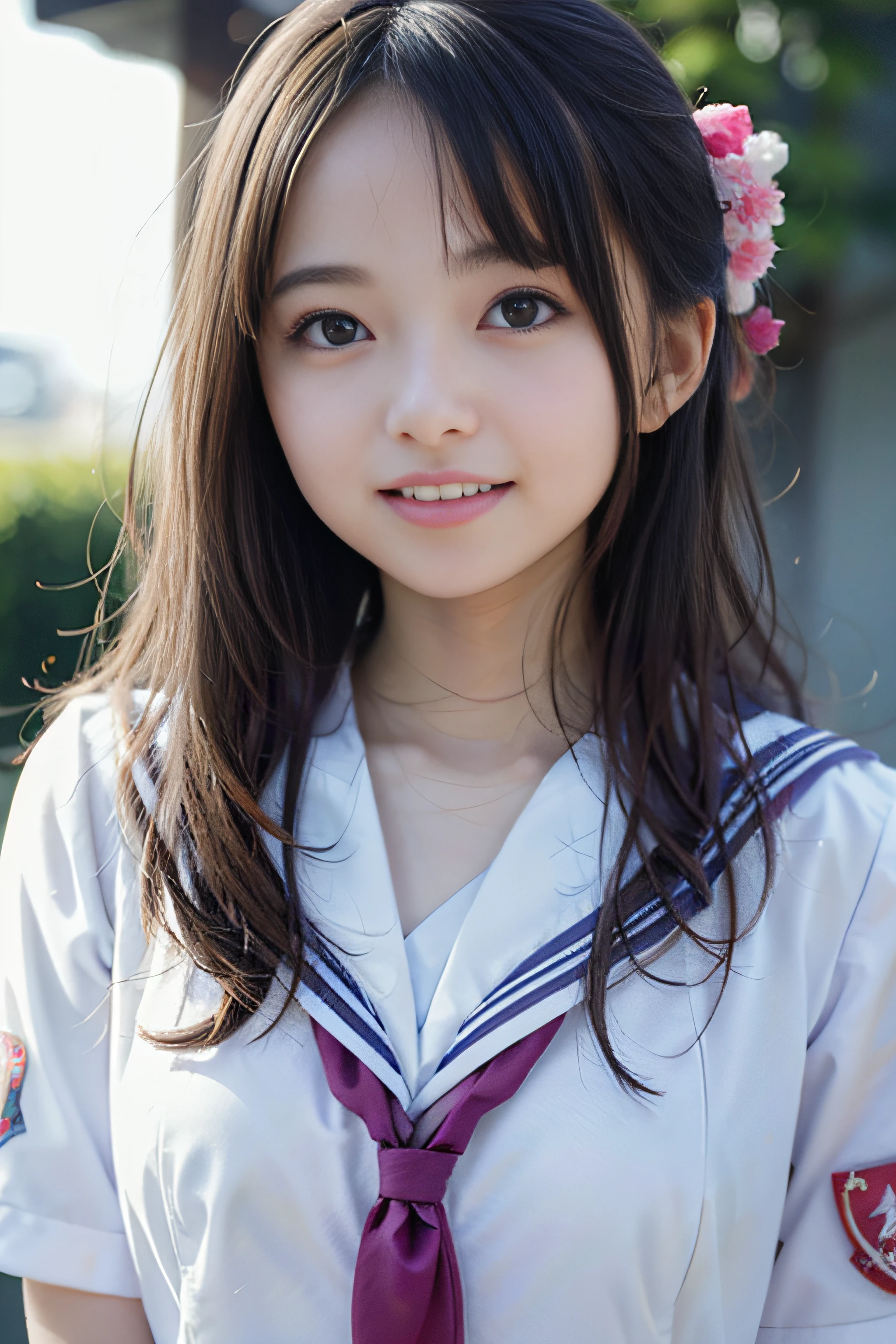 NSFW, 8k RAW photo, （（Sailor School Uniform））top-quality, ​masterpiece,kawaii faces、dual、 A smile、kawaii faces、超A high resolution, film grains, filmg, 1girl in, looking at the viewers, natural skin textures, realistic eyes and face details, Perfect tooth alignment、Perfect eyes and perfect mouth、 bangss, summer clothing, cparted lips, japanes