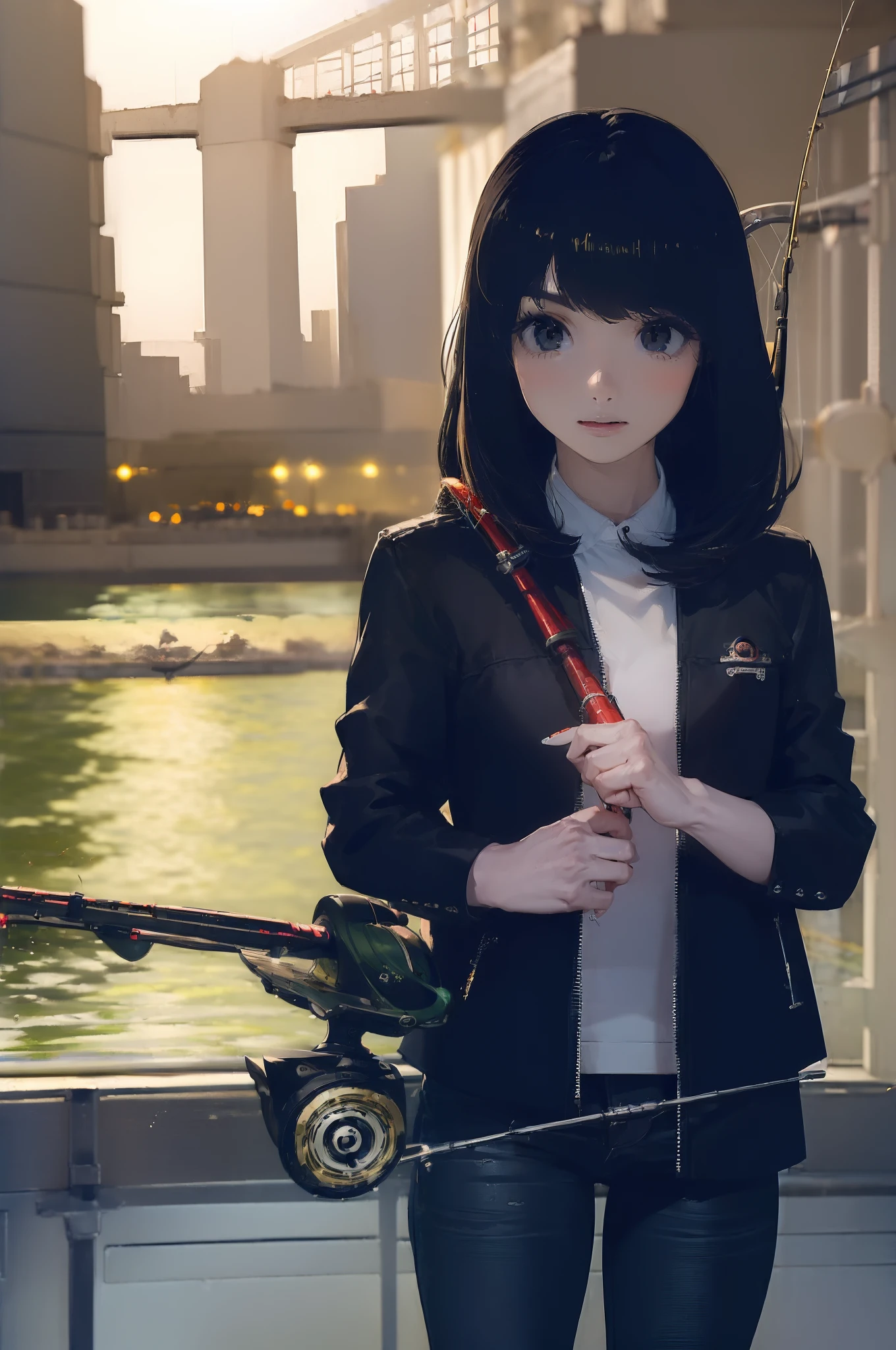 ((((Have fishing rod with a reel:1.5)))),((Female 28 years old)),((Best Quality:1.5)),(((Hands with the correct number and structure of fingers:1.4))),((lakeside:1.37)),hight resolution,ultra-detailliert,masterpiece,best qualtiy,(Eight-headed body),Black hair, long eyeslashes, Solid Circle Eyes, drop shadow, Atmospheric perspective,Super Detail, ccurate, small brest,(Black jacket and black jeans :1.1),top-quality, blurry backround, bokeh dof:1.2, (masterpiece:1.3), Atmospheric perspective,Super Detail,dynamic compositions,