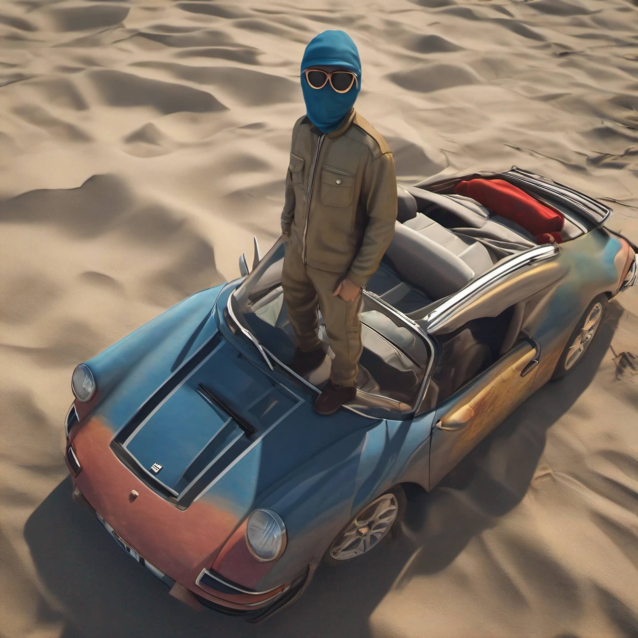 Make a young trapper wearing a balaclava with designer clothes on the sunroof of a Porsche on the beach of Rio de Janeiro