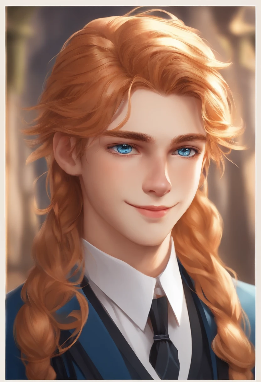  boy, long light orange hair tied back, blue eyes, butler outfit, gentle smile