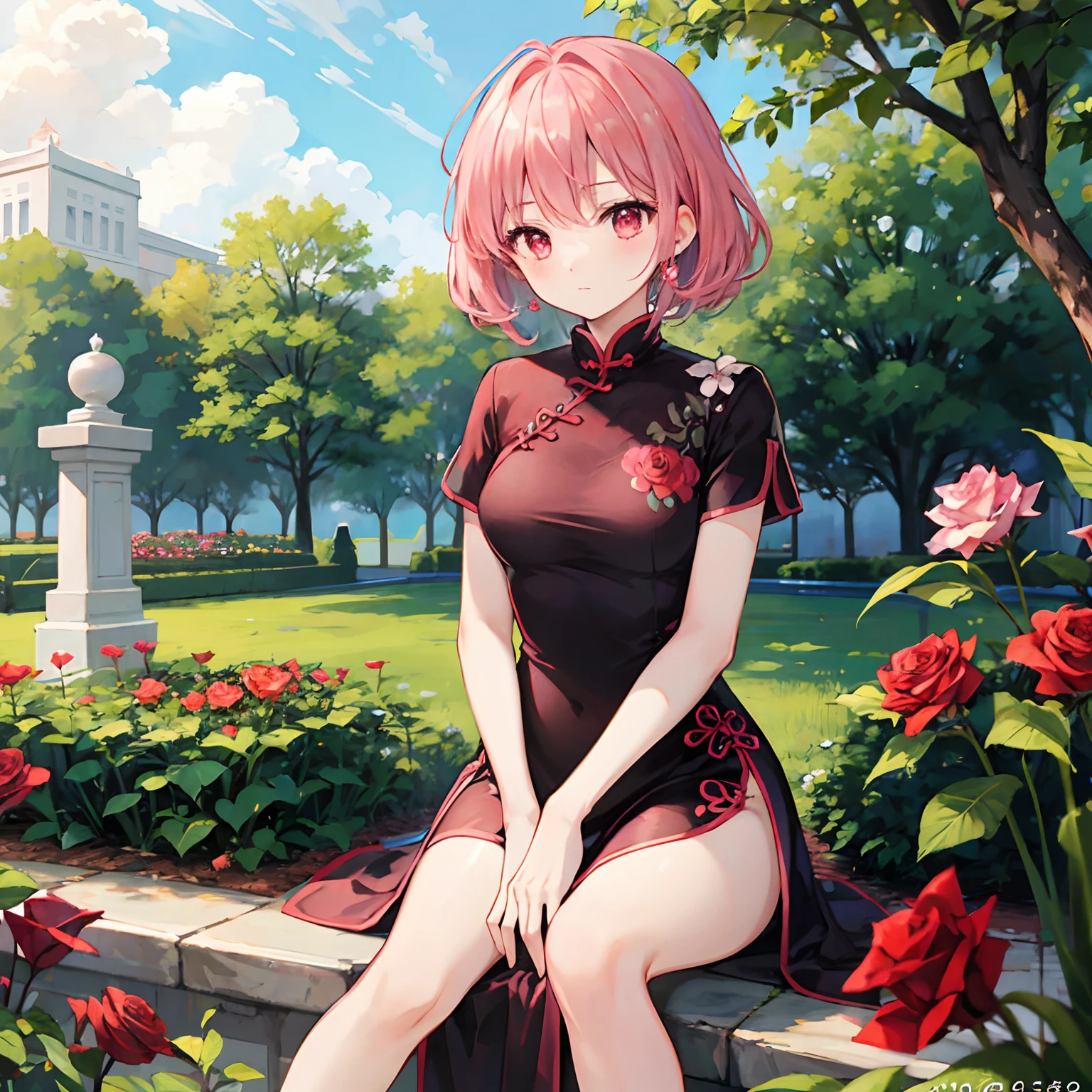 A pink-haired、red eyes、Beautiful girl alone、qipao dress、sitting on、rose garden