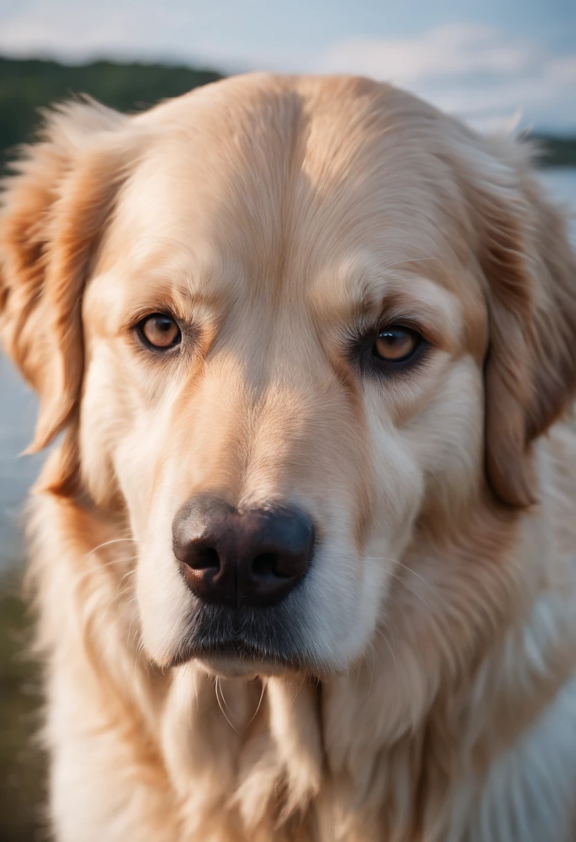 Golden Retriever Dog, surreal, tense, warm, highly detailed, sharp, professional, 8k UHD, movie, dark, violent, outdoor, river, battle, chase, dramatic, vivid, tense atmosphere, rendering, epic, twilight, HDR, album cover, blizzard, lightning, disaster