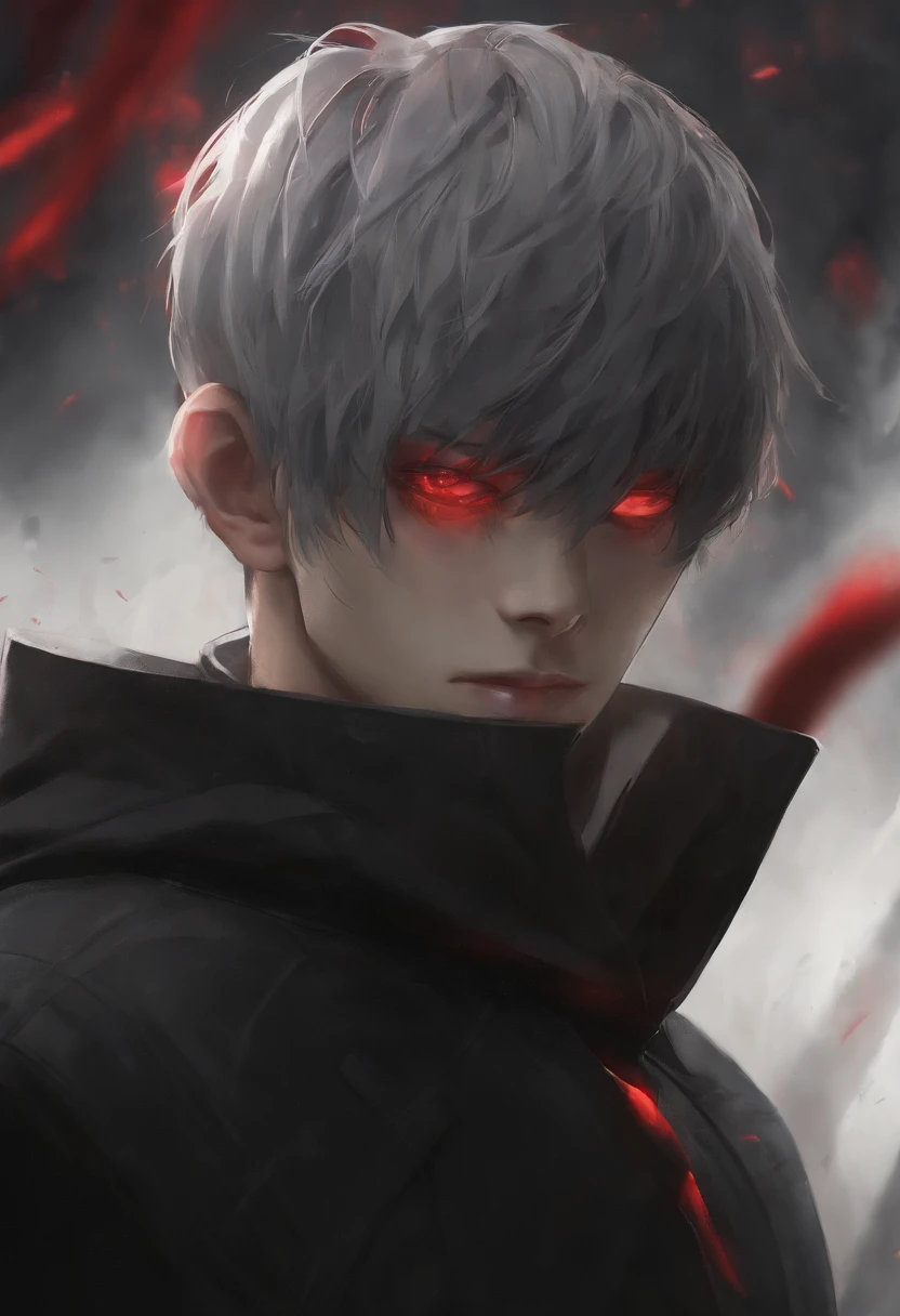 kk, best quality, more details, masterpiece, 1boy, kaneki ken(Tokyo Ghoul), portrait, male focus, red eyes, solo, looking at viewer, short hair, rain, tokyo, nail polish, white hair, luxurious, 8k, detailed, ray tracing, depth of field, cinematic lighting,